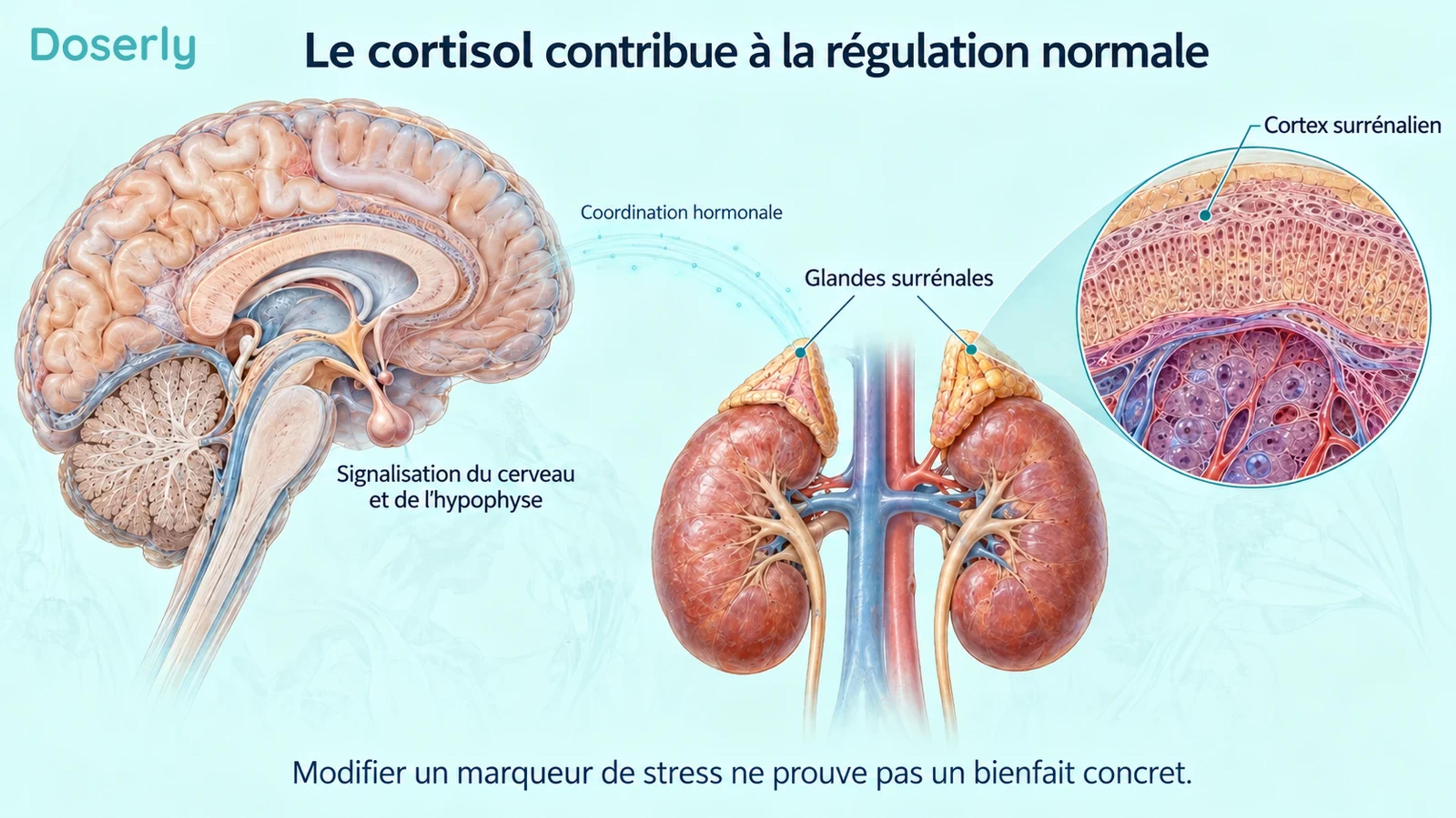 Un cerveau détaillé et les deux glandes surrénales au-dessus des reins illustrent la coordination hormonale normale, avec un encadré montrant un agrandissement du cortex surrénalien.