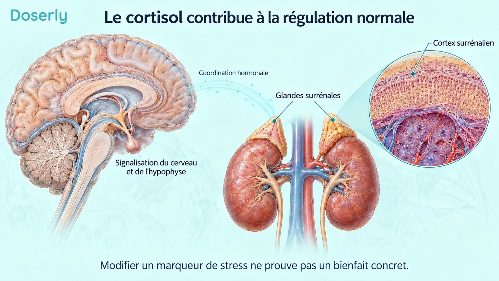 Un cerveau détaillé et les deux glandes surrénales au-dessus des reins illustrent la coordination hormonale normale, avec un encadré montrant un agrandissement du cortex surrénalien.