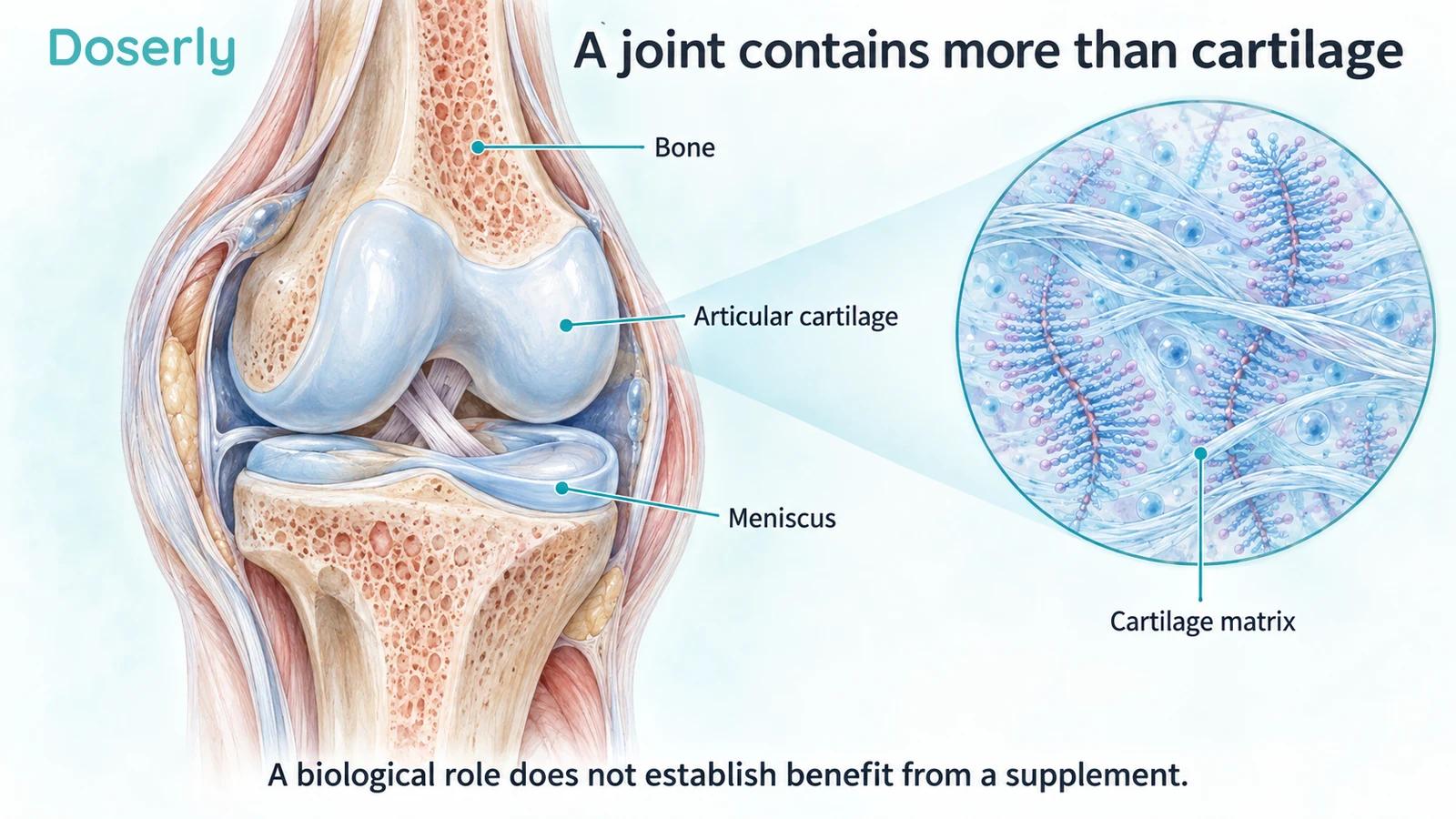 A detailed knee cutaway shows articular cartilage, meniscus and bone beside a conceptual cartilage matrix.