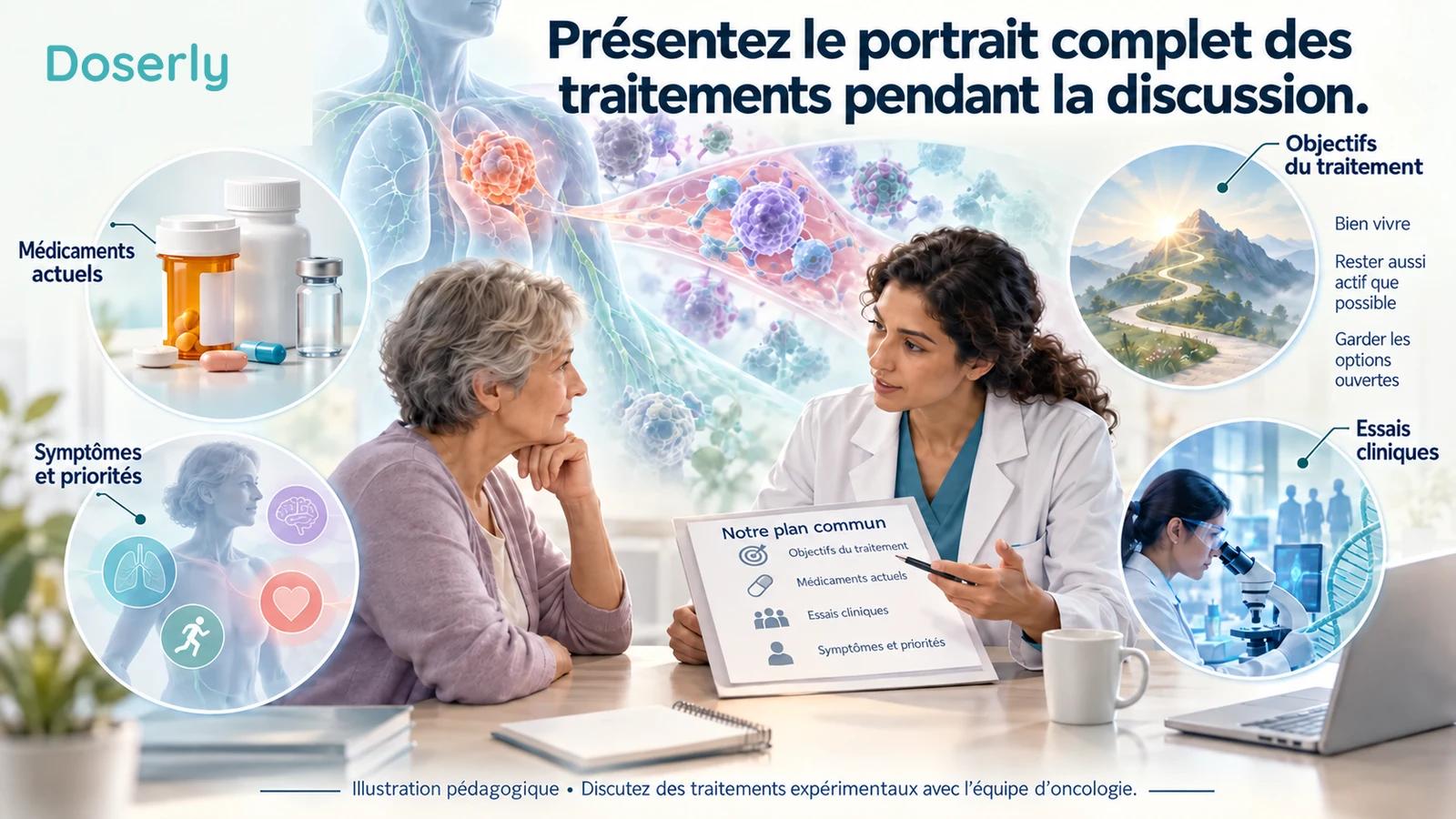 Illustration pédagogique d’un patient et d’un oncologue discutant des médicaments, des symptômes, des essais cliniques et des objectifs personnels de traitement.