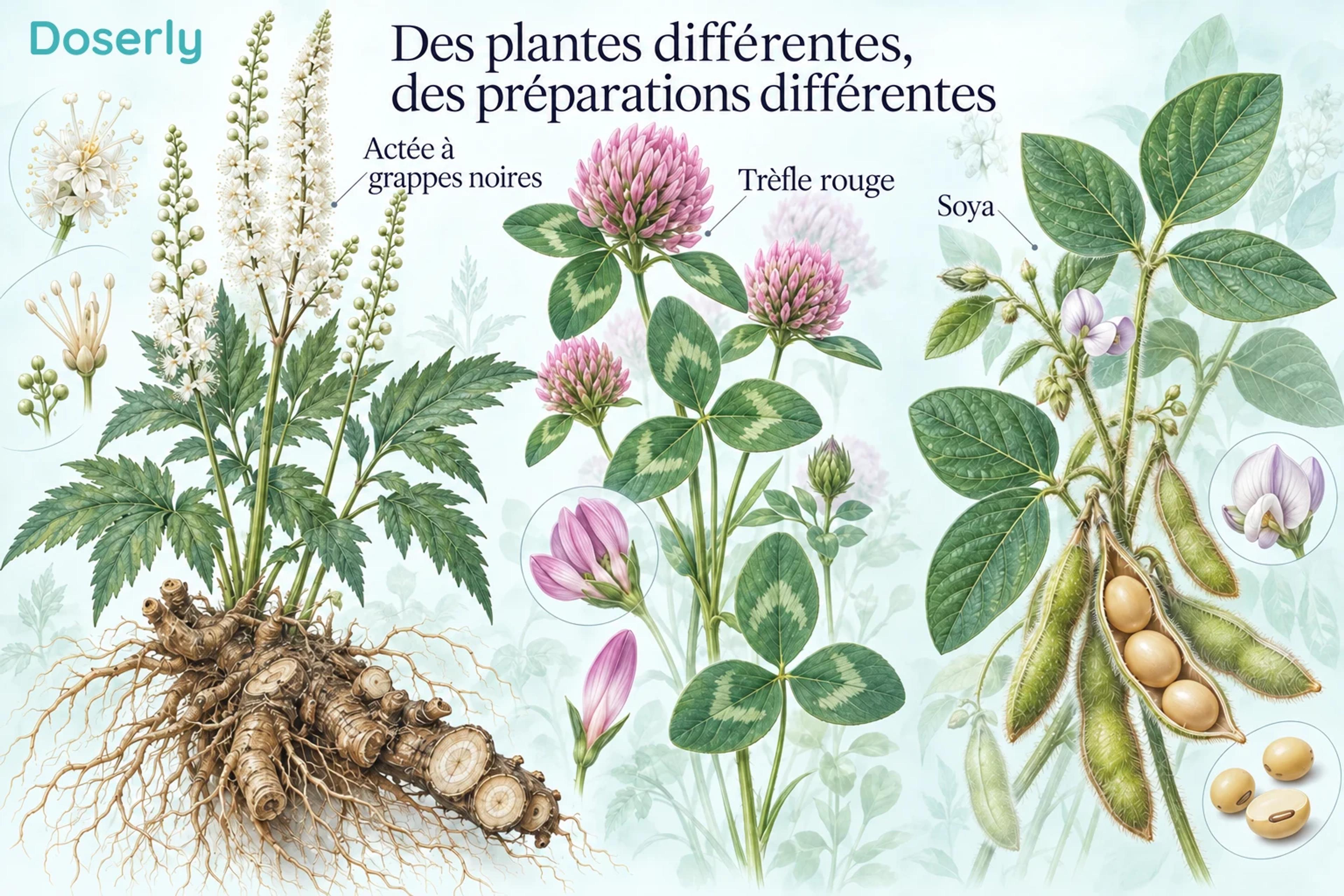 Illustrations botaniques détaillées de l’actée à grappes noires, du trèfle rouge et du soya, avec leurs différentes fleurs, feuilles, racines et gousses.