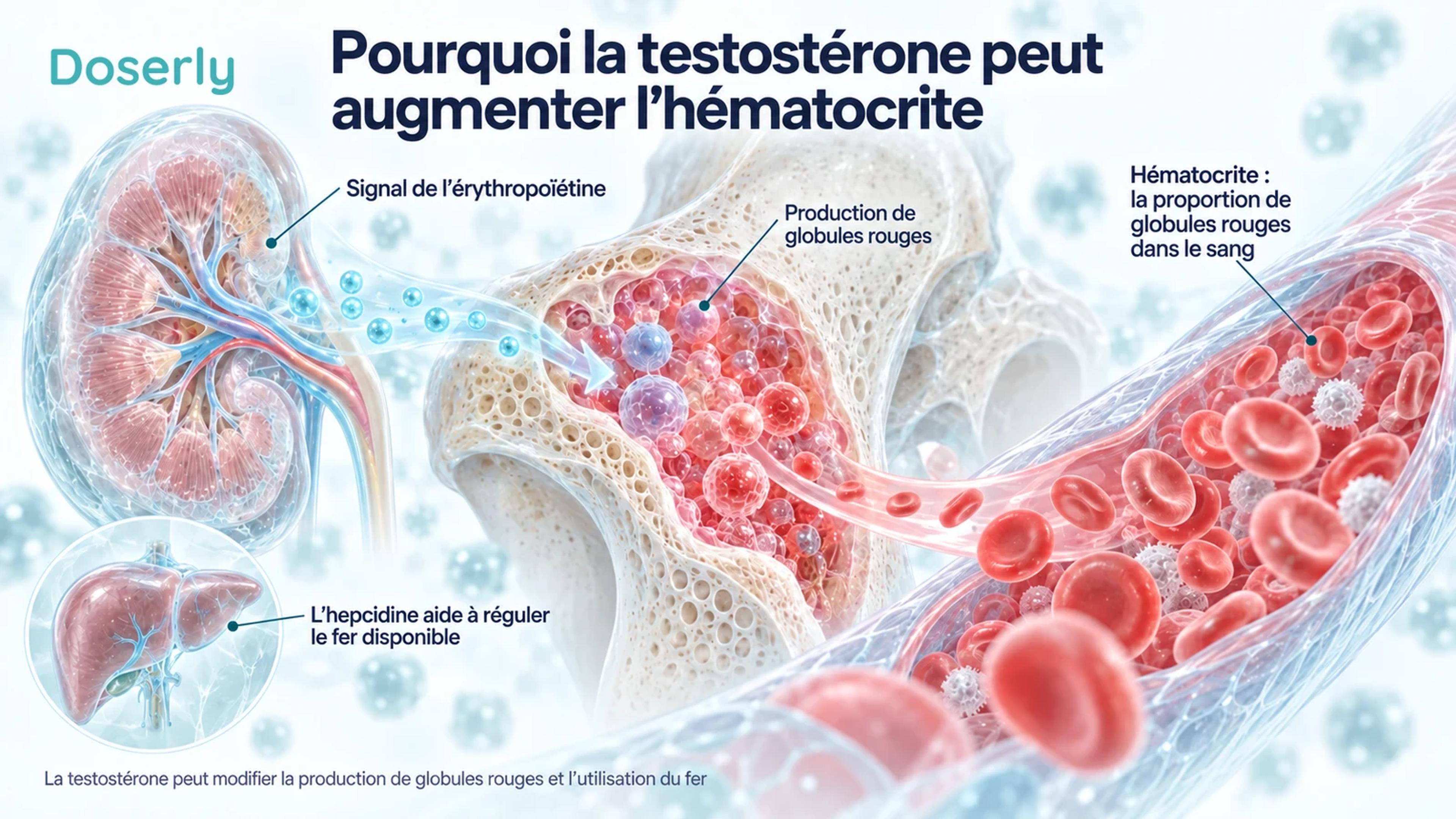 La signalisation rénale, la moelle osseuse et un vaisseau sanguin illustrent la production de globules rouges, avec un encadré du foie pour l’hepcidine et la régulation du fer.