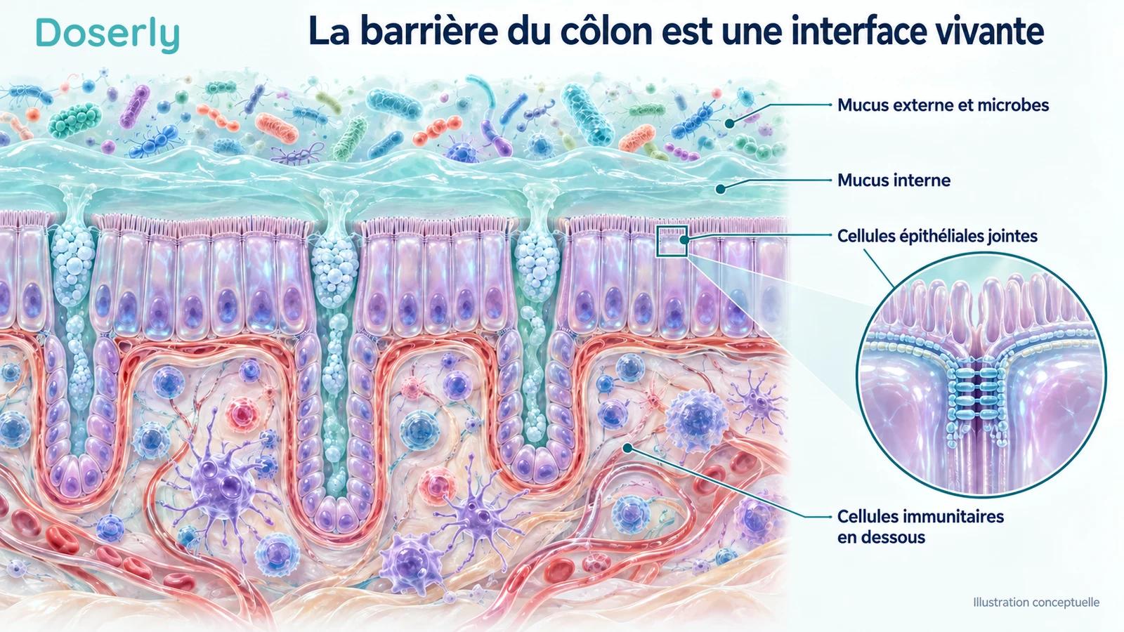 Représentation conceptuelle en couches de la barrière du côlon, avec des microbes dans le mucus externe, une couche de mucus interne, des cellules épithéliales jointes, des cryptes et des cellules immunitaires en dessous.