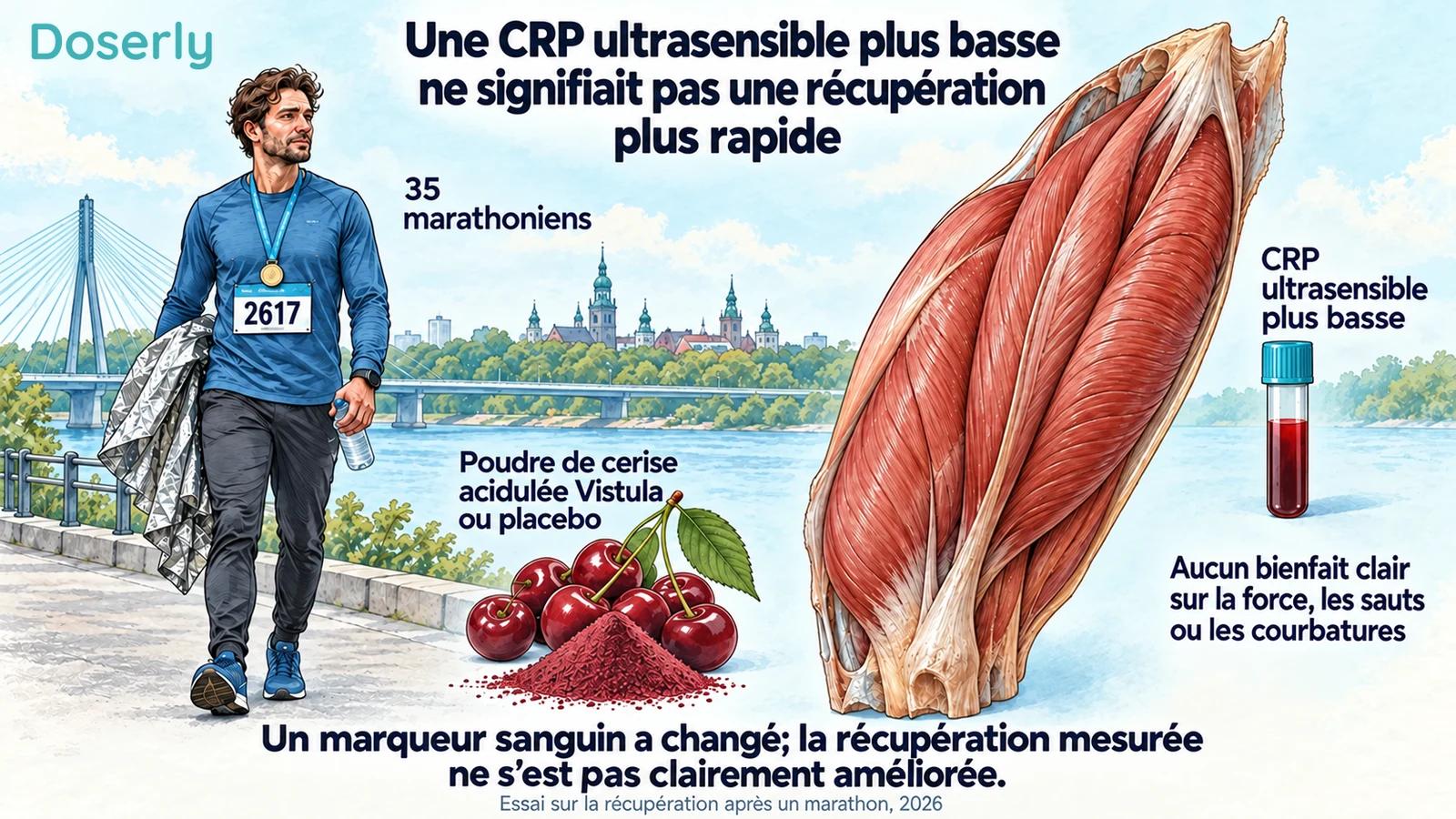 Un marathonien entièrement vêtu, une illustration musculaire distincte et un échantillon sanguin accompagnent les résultats de l’essai Vistula.