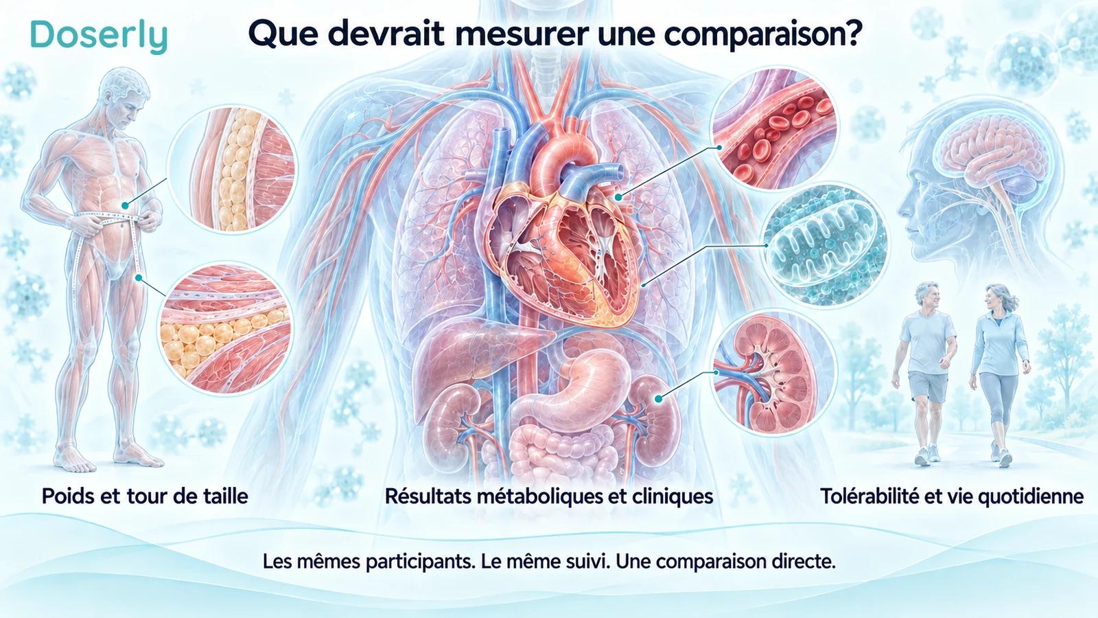 Une mesure du tour de taille illustrée et des vues anatomiques détaillées du torse, du cœur et des organes expliquent le poids, les résultats cliniques et l’évaluation de la vie quotidienne.