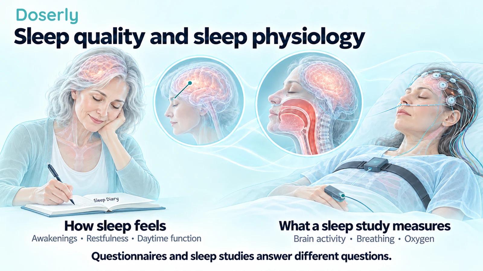 A woman completing a sleep diary beside another woman undergoing a sleep study with scalp electrodes and breathing sensors.