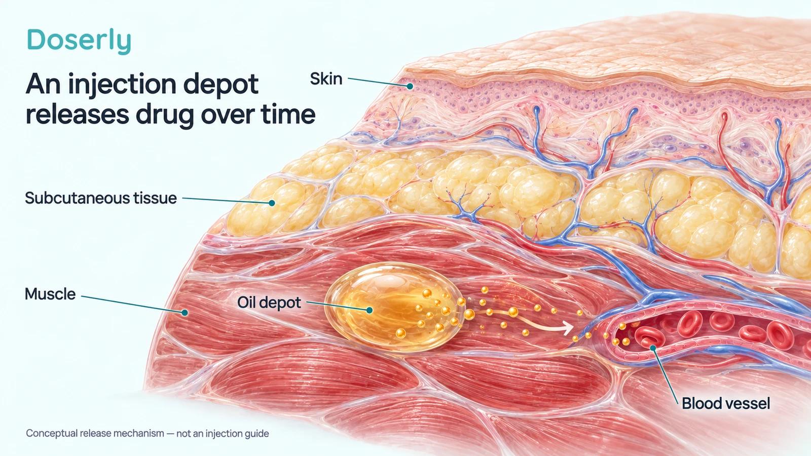Detailed skin, fat and muscle cross-section showing a conceptual oil depot and a nearby blood vessel, with gradual release indicated without injection instructions.