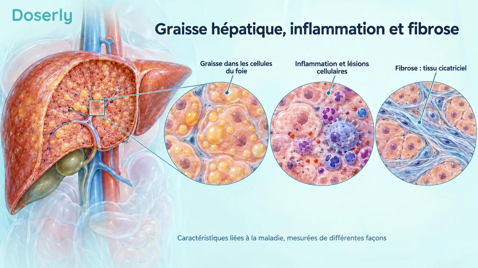 Des vues détaillées du tissu hépatique distinguent les gouttelettes de graisse, les lésions inflammatoires et le tissu cicatriciel.