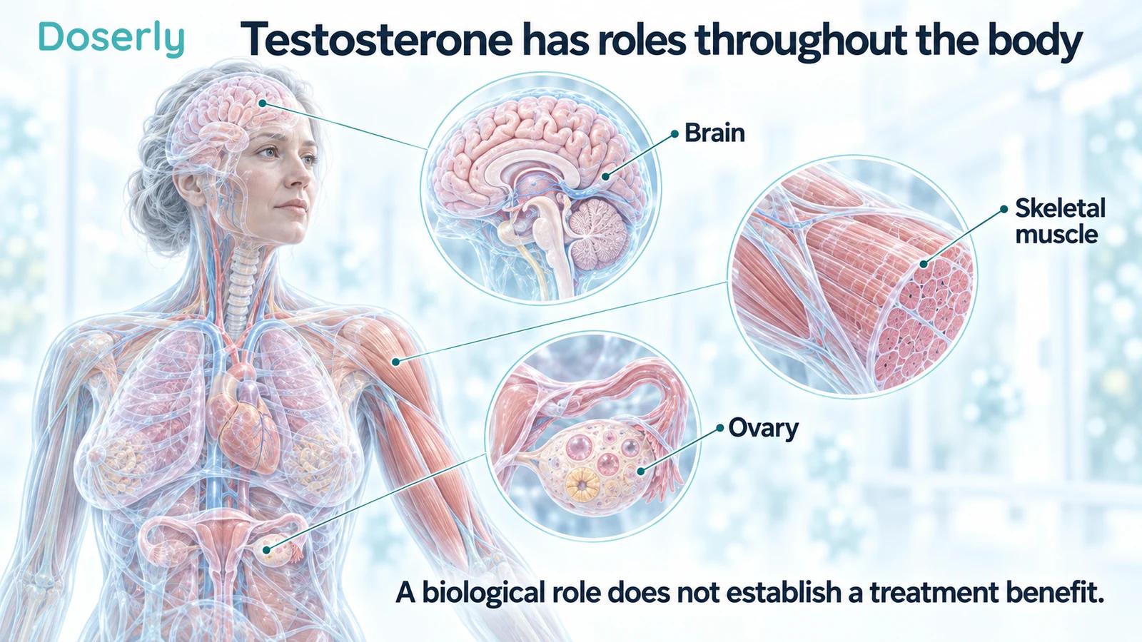 A translucent female body with anatomical insets of brain, ovary and skeletal muscle.