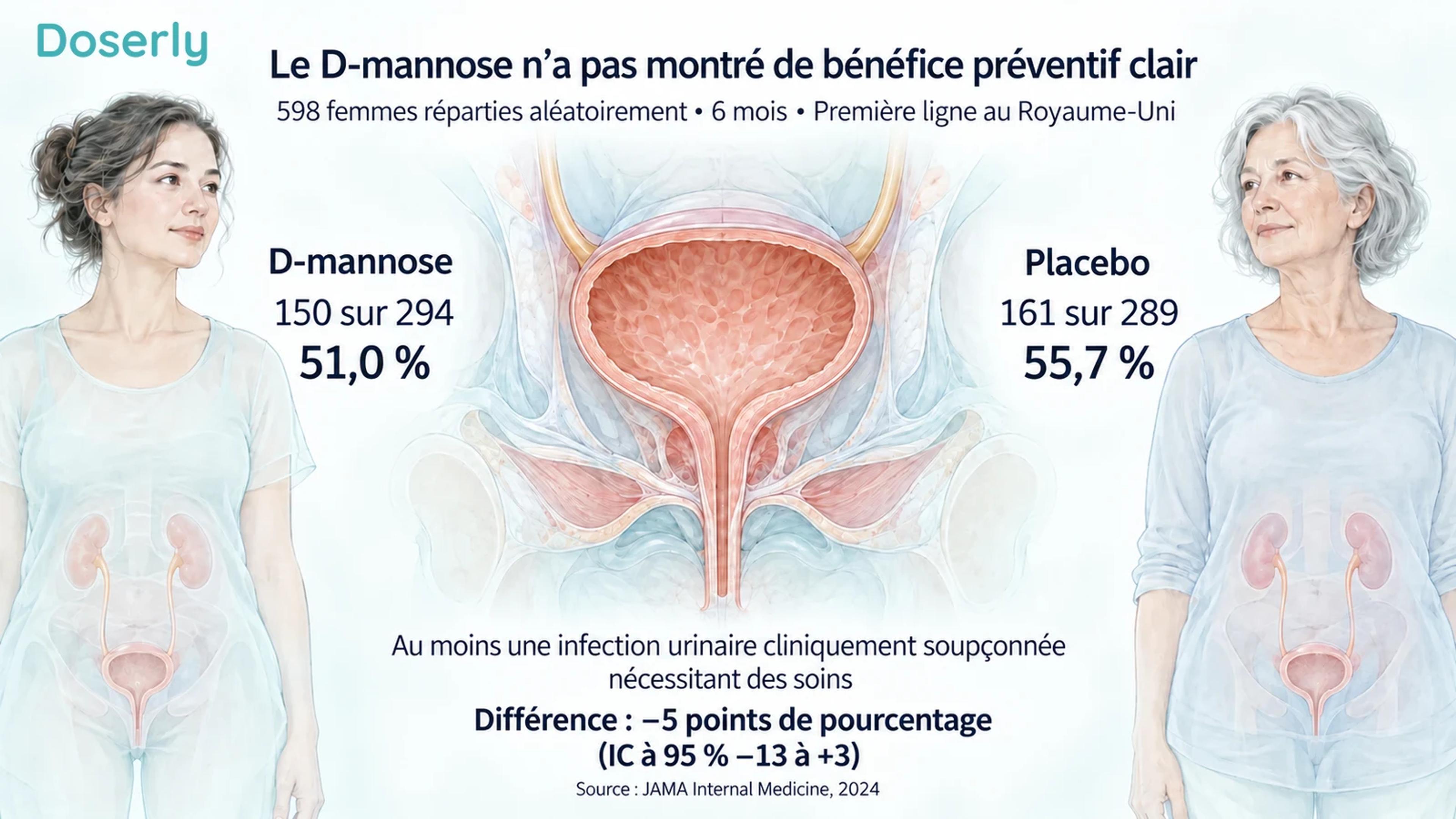 Proportions des groupes D-mannose et placebo de l’essai présentées à côté d’une anatomie détaillée de la vessie.