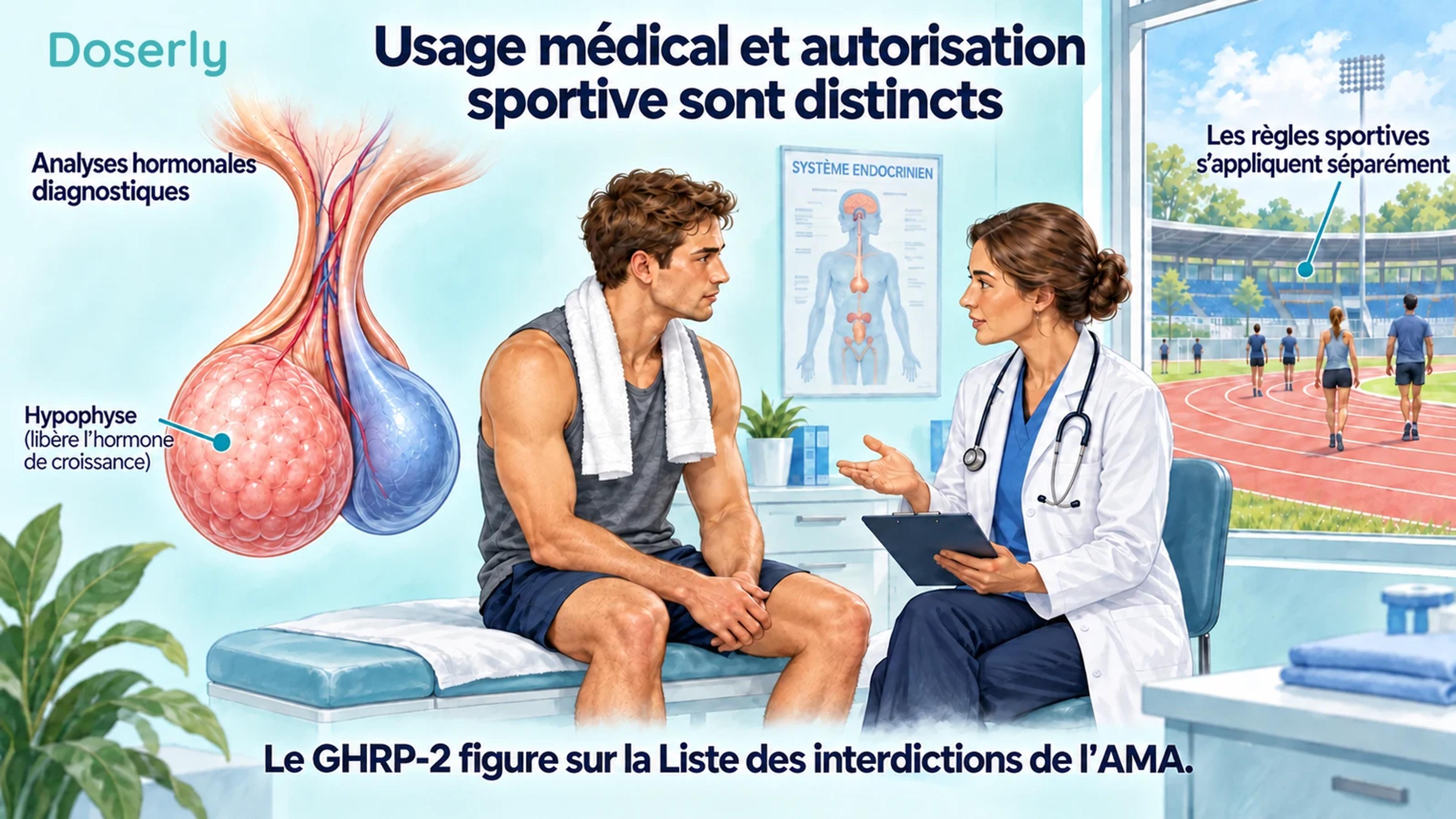 Un athlète et un clinicien discutent des soins à côté d’une vue anatomique de l’hypophyse et d’une piste d’athlétisme.