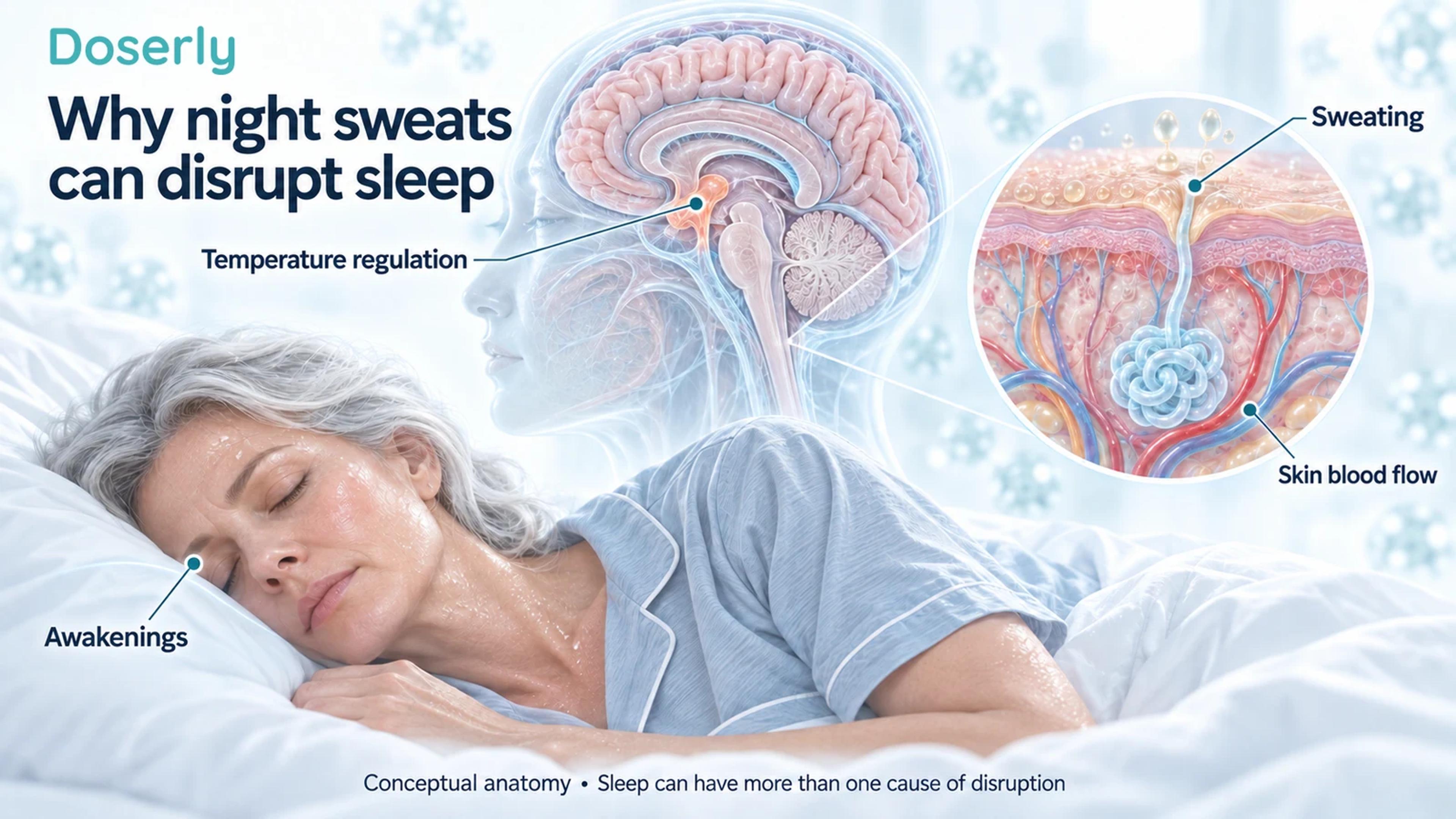 A sleeping woman beside conceptual brain and skin cutaways showing temperature regulation, sweating and skin blood vessels.