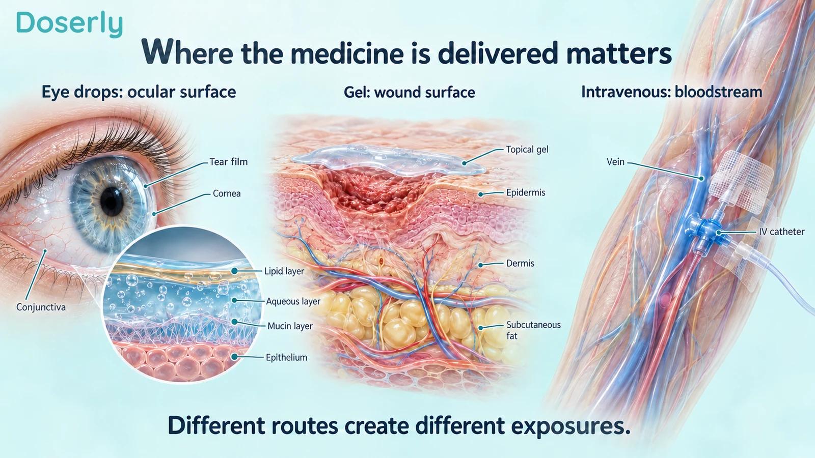 Illustrated ocular surface, skin wound and forearm vein compare local eye drops, topical gel and intravenous delivery.