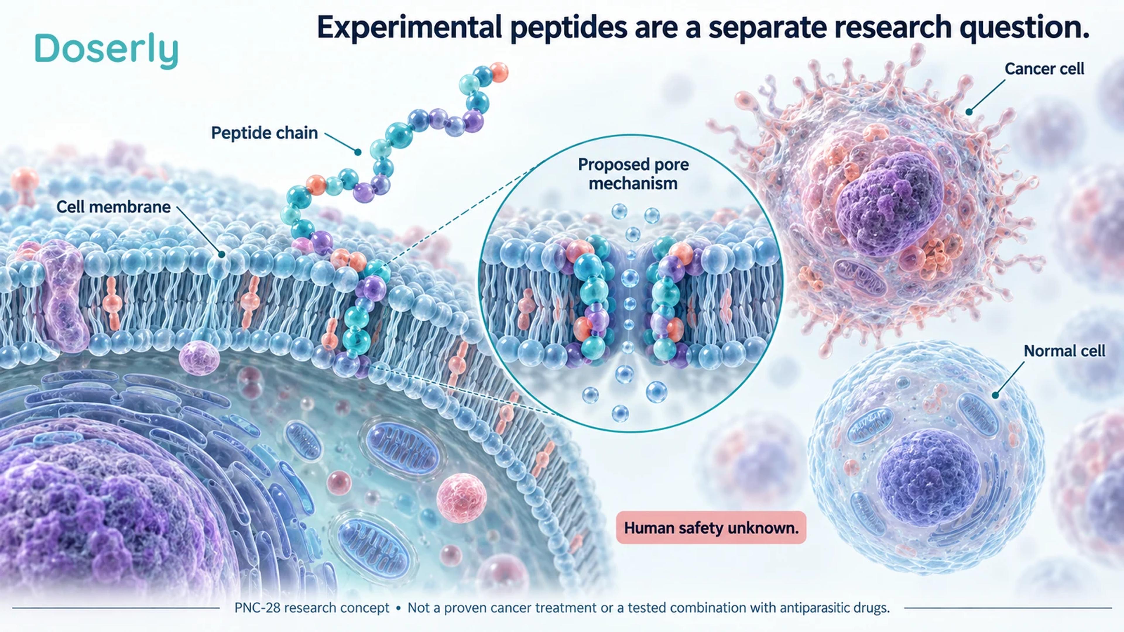 Conceptual peptide chain interacting with a cell membrane through a proposed pore-forming mechanism, with human safety explicitly marked unknown.