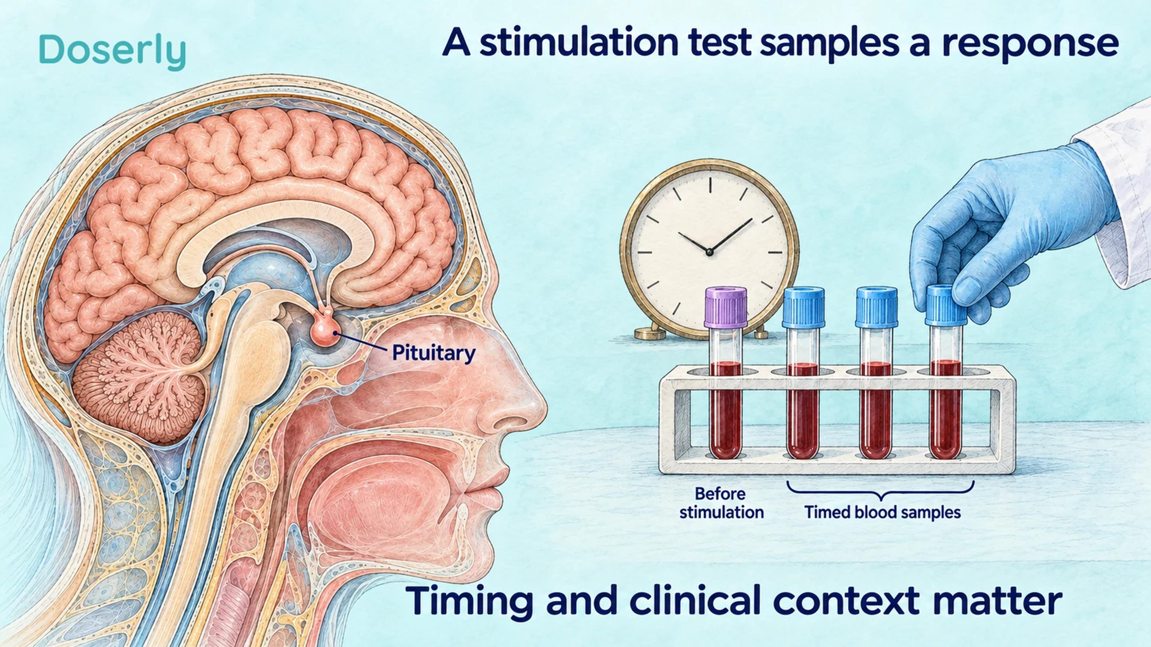 Detailed brain and pituitary anatomy beside a rack of blood specimens and a clock, illustrating sampling before and after a stimulation challenge.