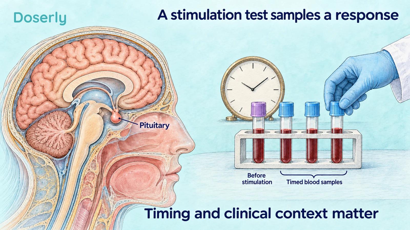 Detailed brain and pituitary anatomy beside a rack of blood specimens and a clock, illustrating sampling before and after a stimulation challenge.