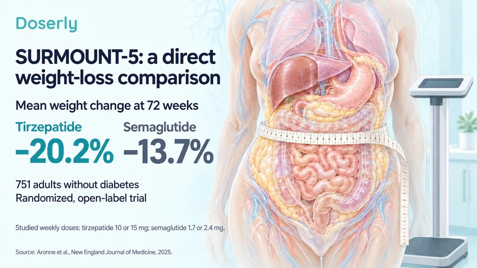 SURMOUNT-5 mean weight changes of minus 20.2% with tirzepatide and minus 13.7% with semaglutide beside a torso, scale and waist tape.