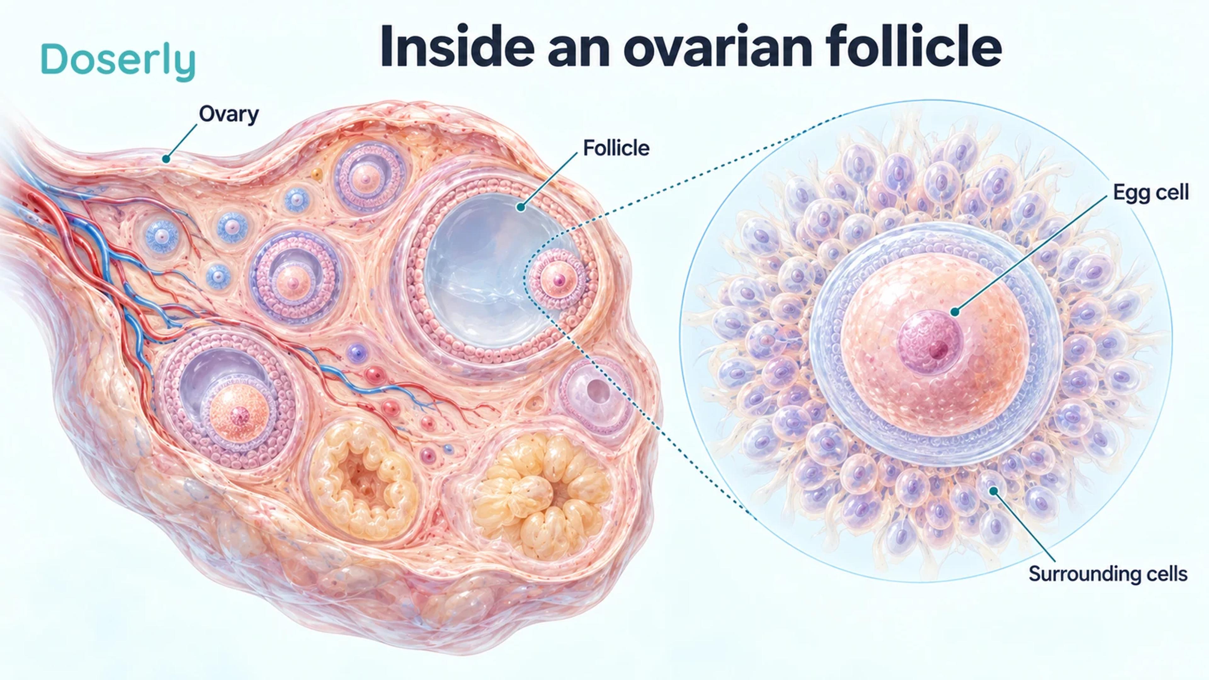 An illustrated ovary with follicles and a magnified egg inside its surrounding follicular cells.