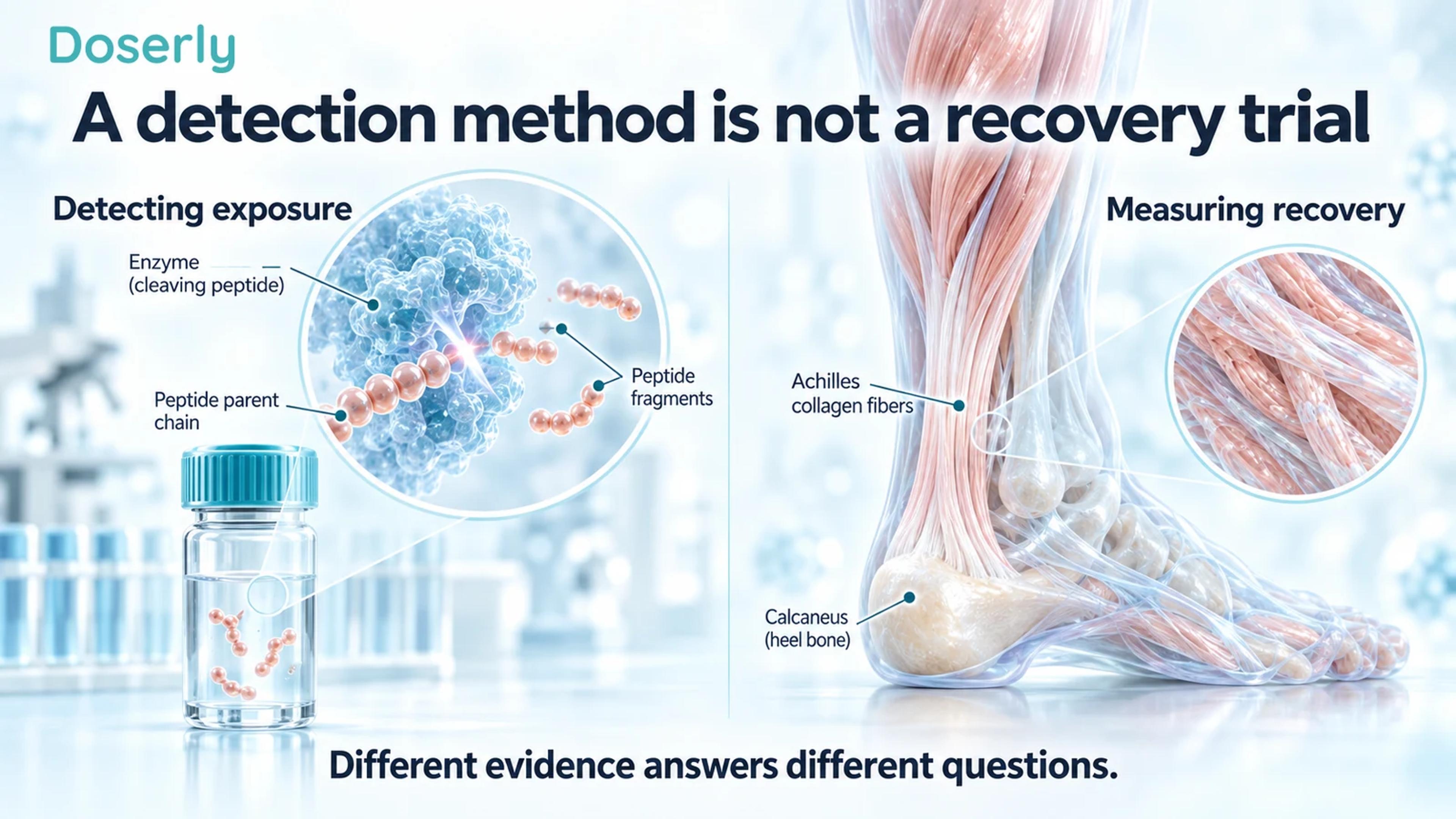 Laboratory peptide fragments shown separately from detailed Achilles tendon and heel-bone anatomy
