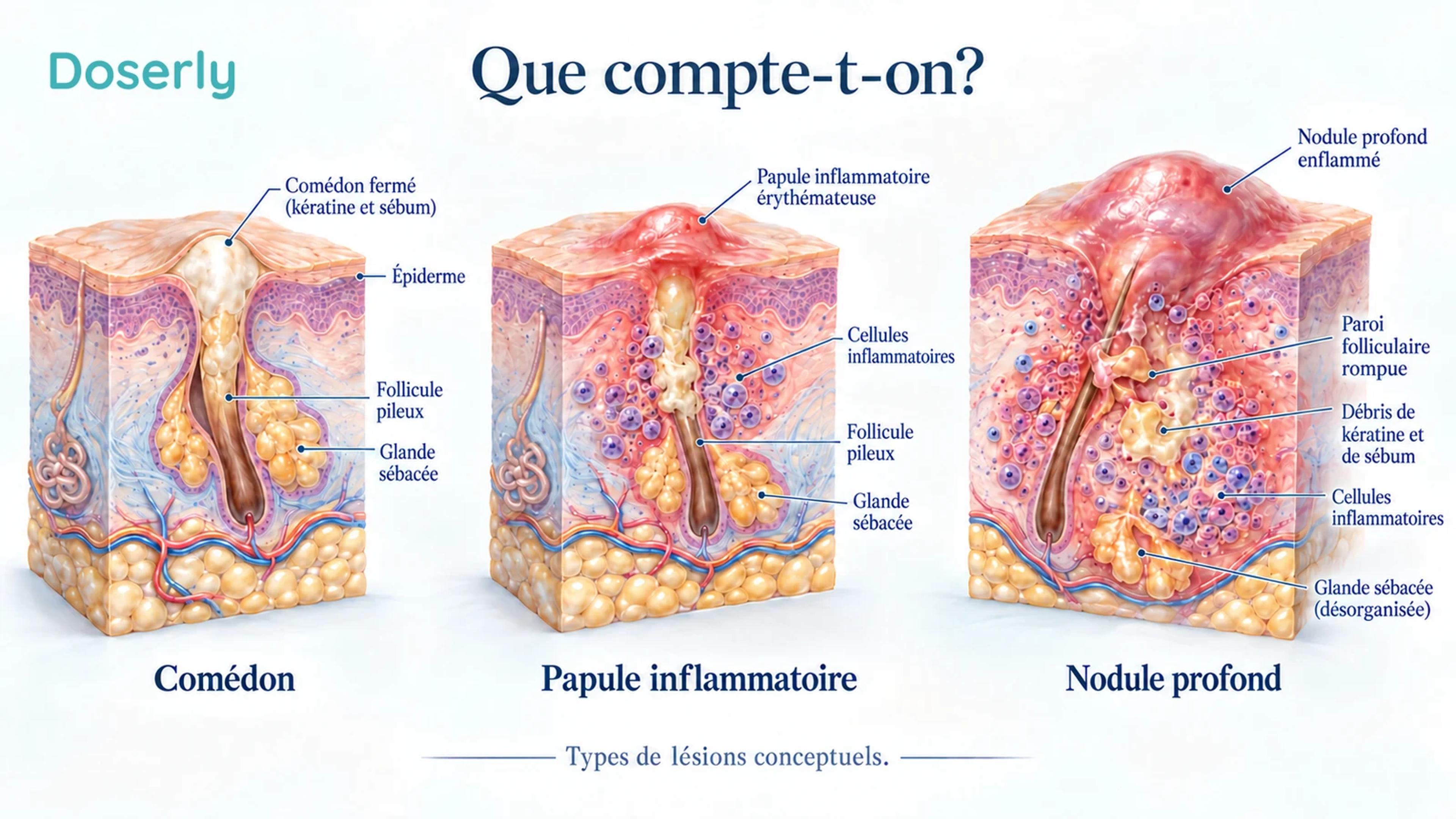 Des coupes distinctes de la peau montrent un comédon fermé, une papule inflammatoire et un nodule inflammatoire plus profond.
