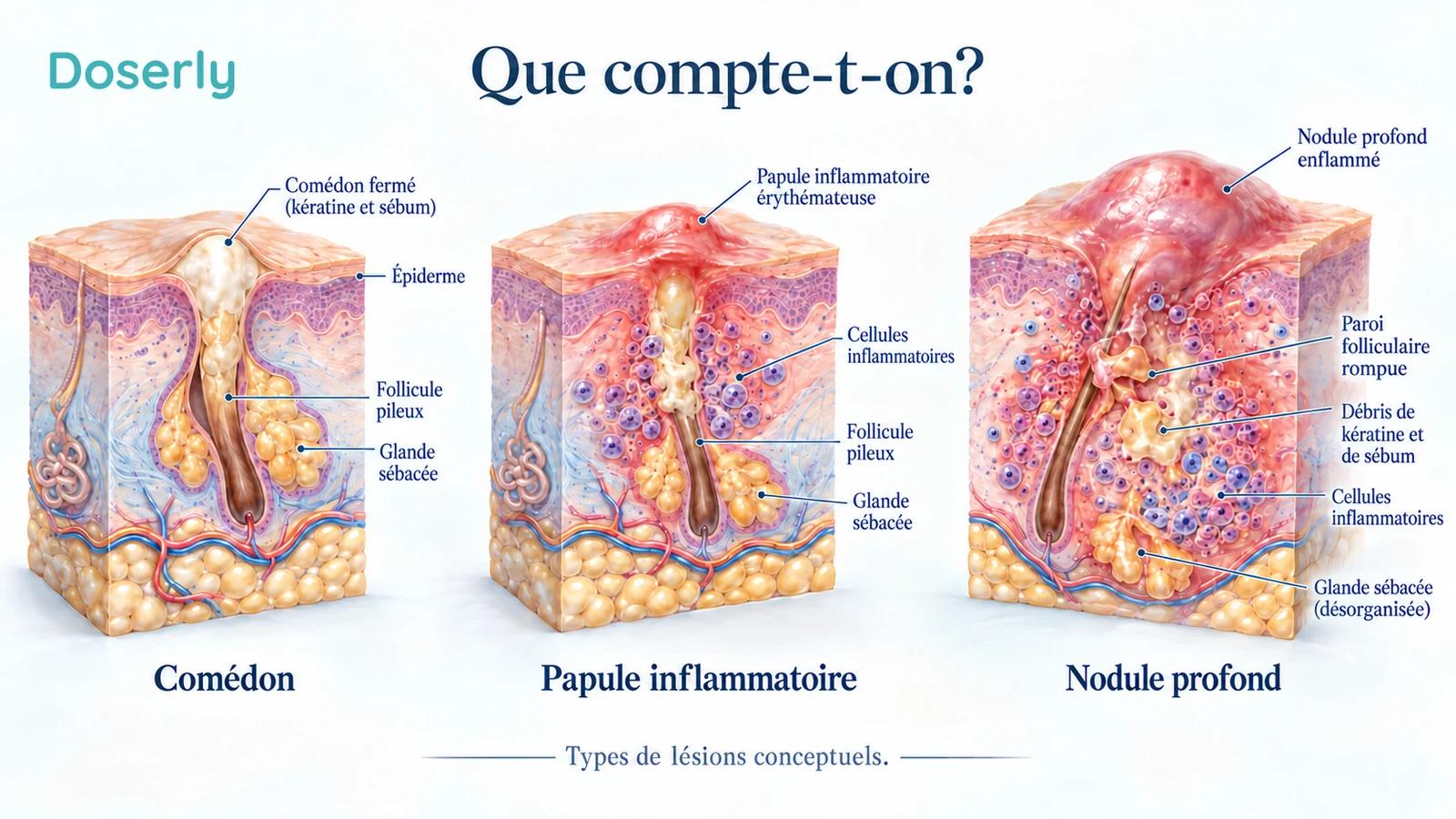 Des coupes distinctes de la peau montrent un comédon fermé, une papule inflammatoire et un nodule inflammatoire plus profond.