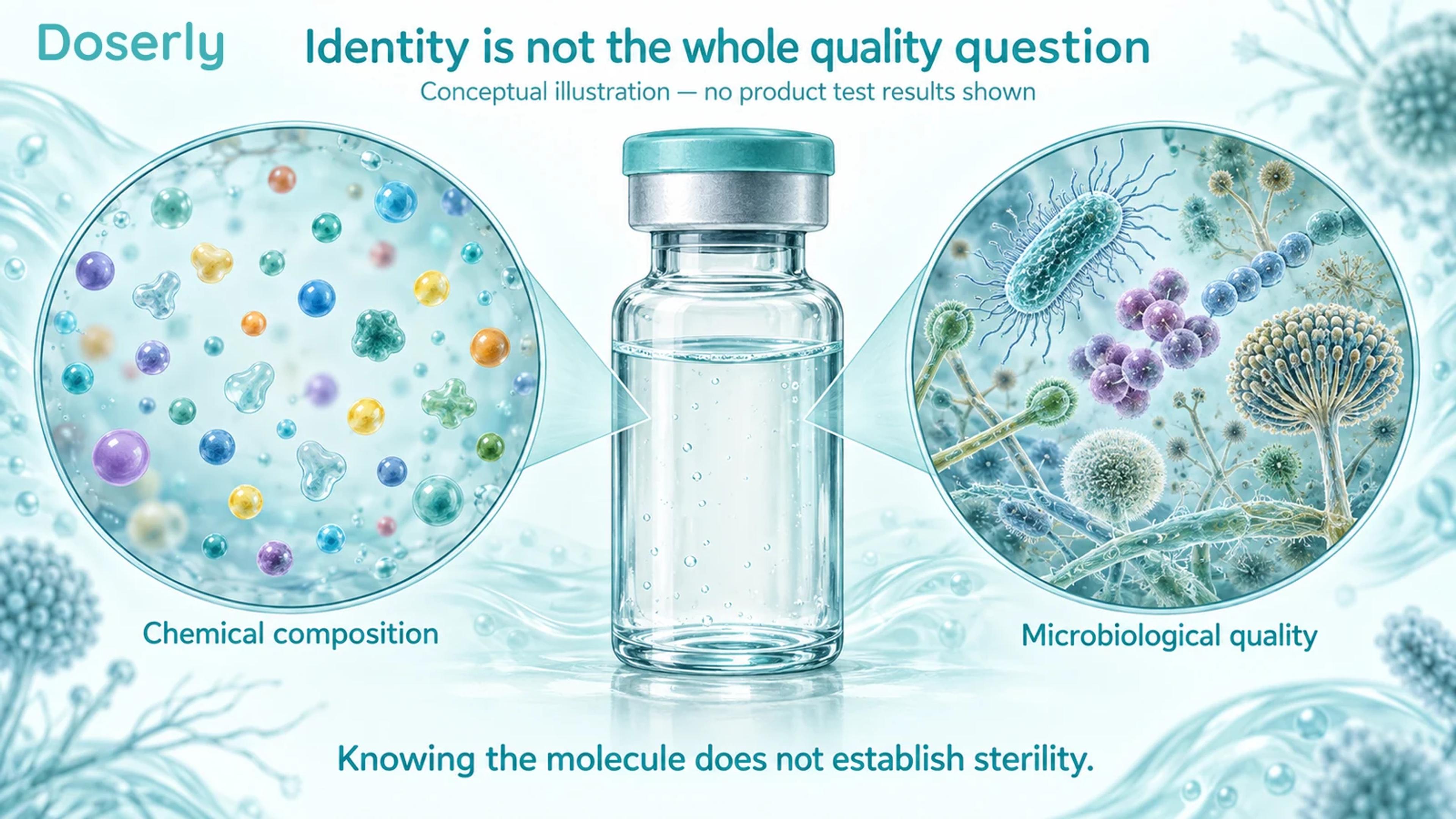 Illustrated vial with separate conceptual magnifications of chemical particles and microorganisms, emphasizing that identity and microbiological quality are different questions.