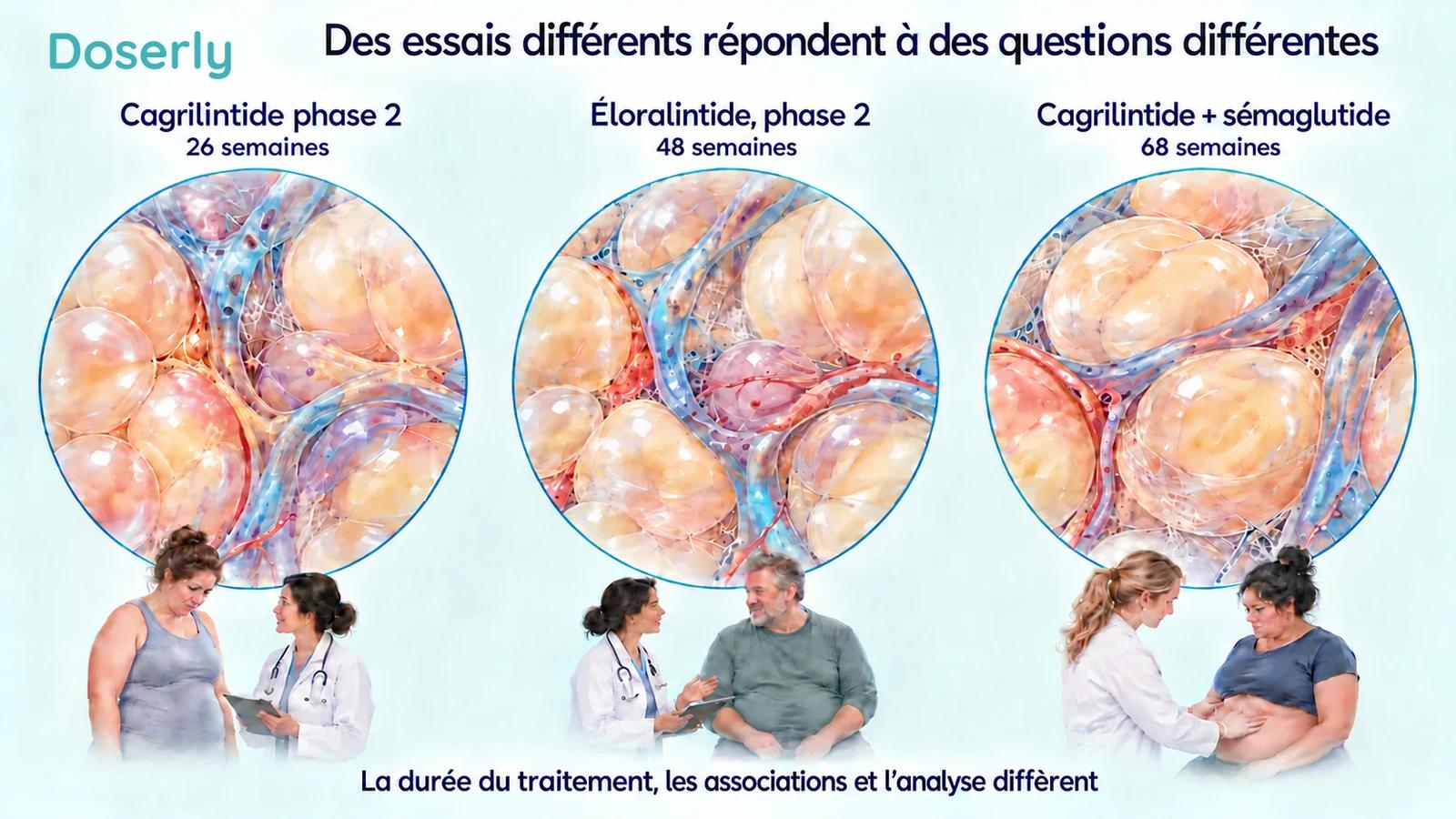 Trois contextes de recherche clinique distinguent les durées et les essais portant sur un seul médicament ou sur une association.
