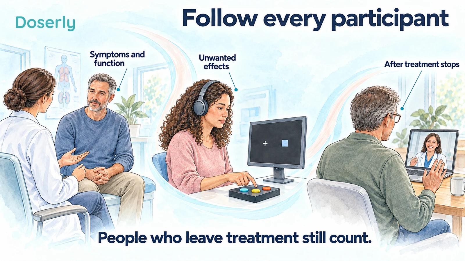 Illustrated participants in an interview, performance assessment and remote follow-up show why all treatment experiences matter.