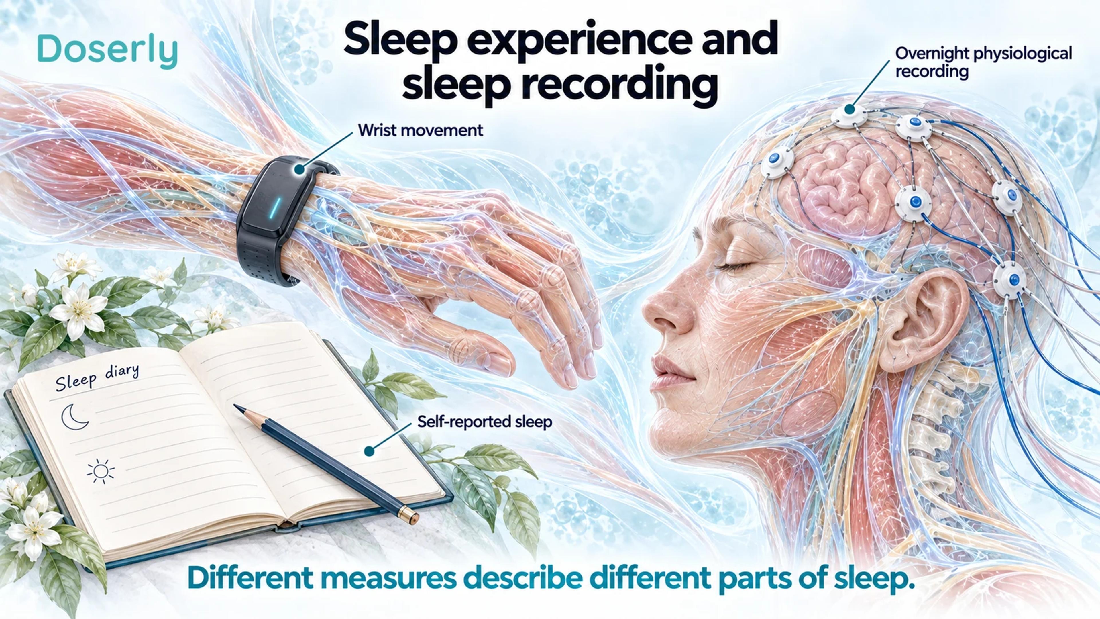 An illustrated anatomical wrist sensor, scalp electrodes and sleep diary distinguish movement, physiological recording and self-reported sleep.