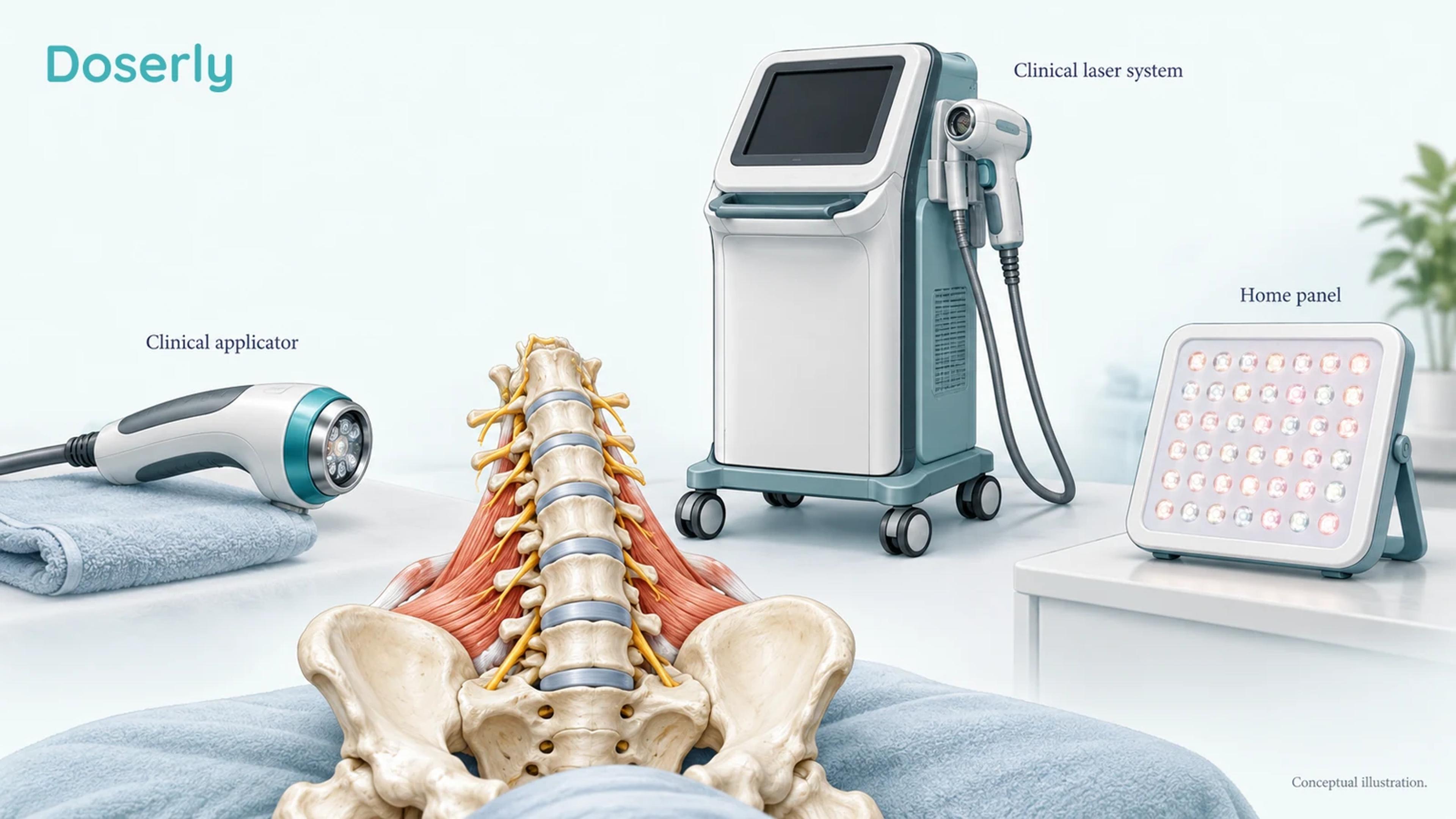 Conceptual comparison of a focused clinical applicator, a larger clinical laser console and a distant home panel, each separated from a lower-back anatomy model.