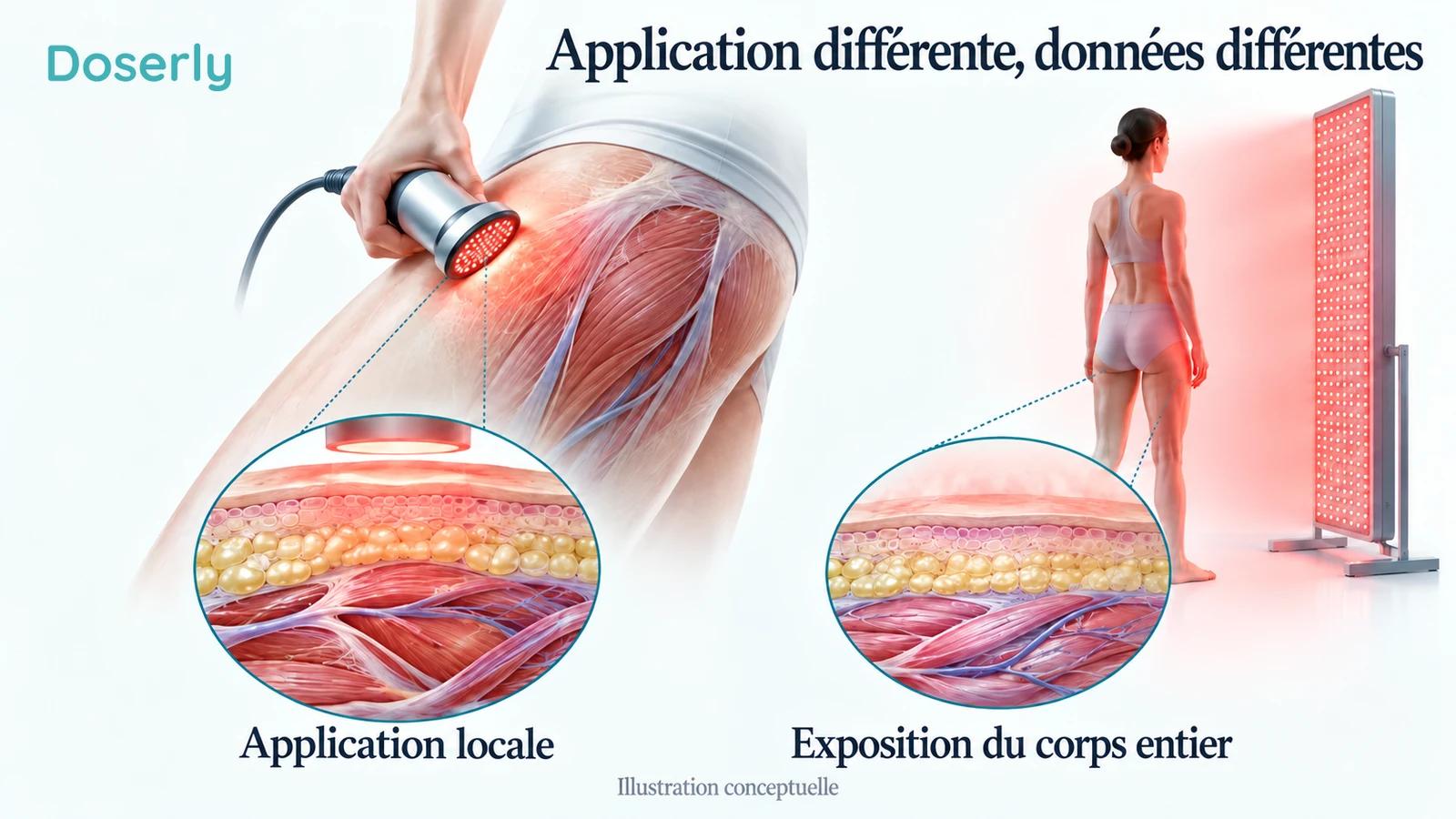 Comparaison conceptuelle détaillée d’une sonde lumineuse locale au-dessus d’un muscle de la cuisse et d’un panneau distant pour le corps entier, avec des coupes tissulaires distinctes.