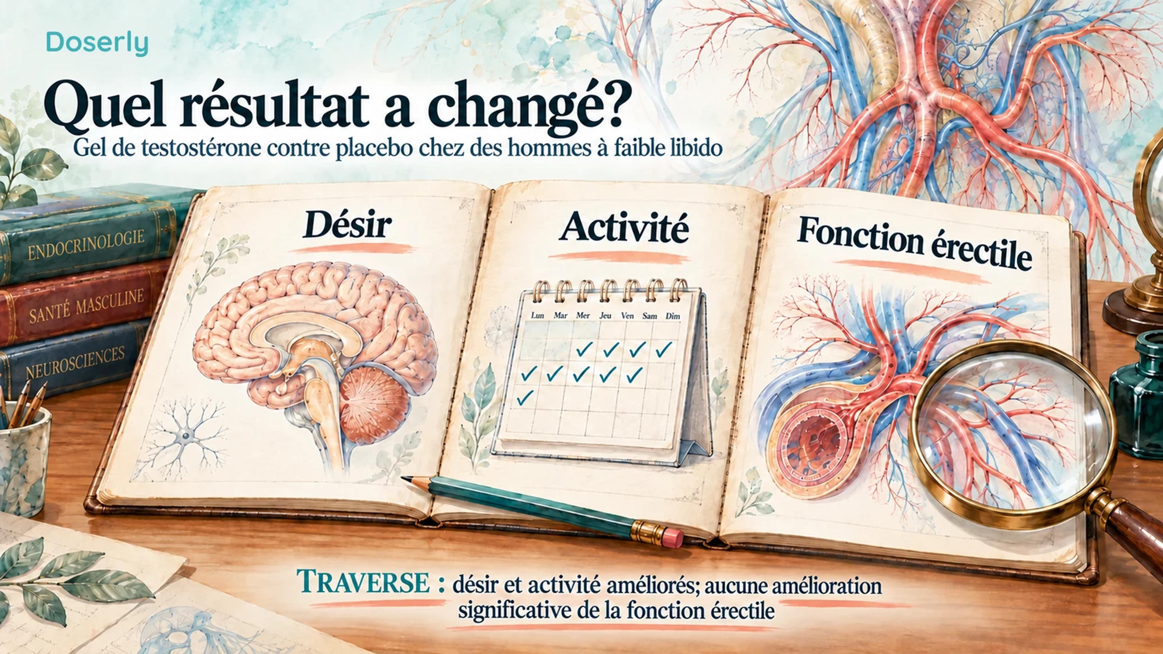 Un carnet médical illustré distingue le désir, l’activité et la fonction érectile, avec les résultats de TRAVERSE indiqués en dessous.
