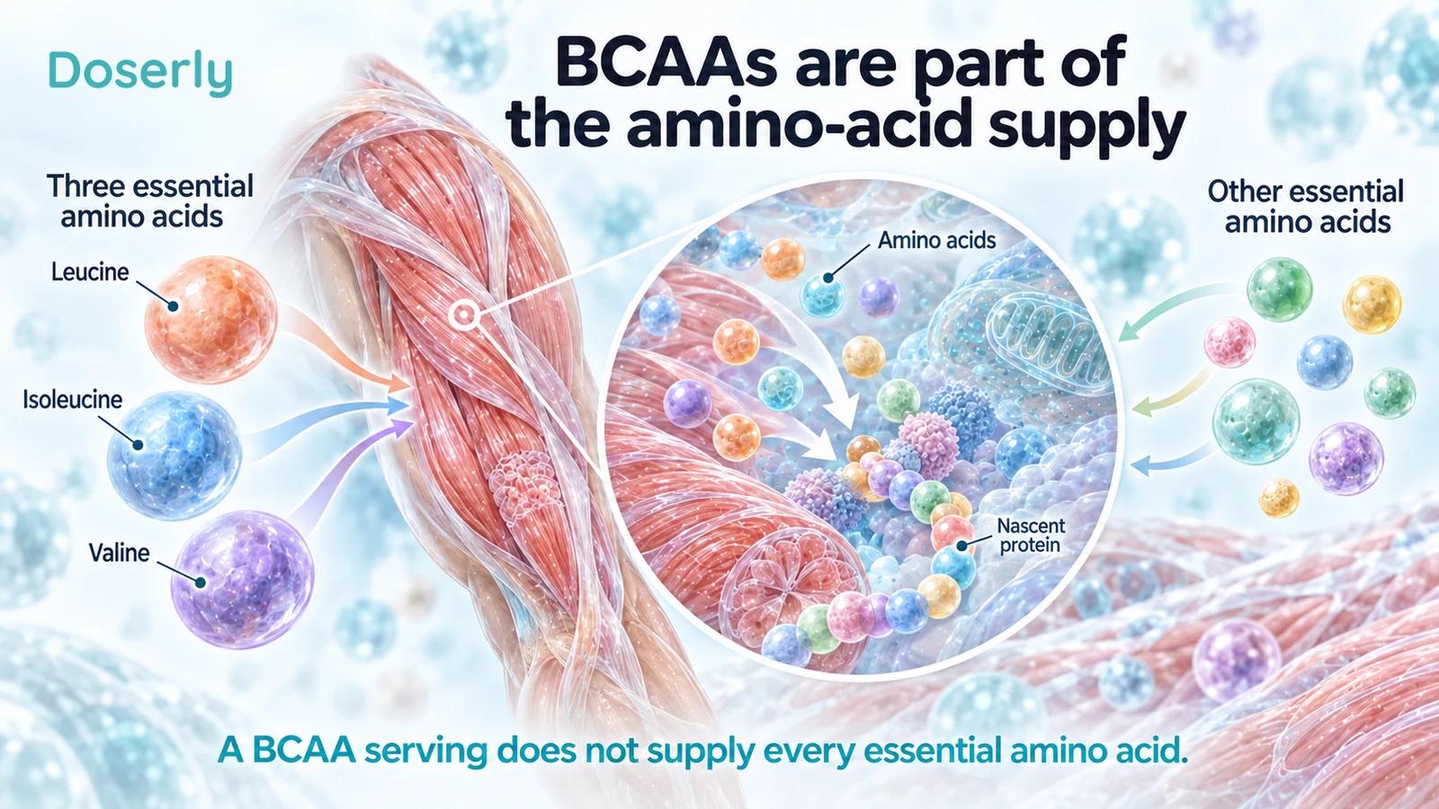 Leucine, isoleucine and valine are shown separately from other essential amino acids beside a conceptual muscle-protein assembly scene.
