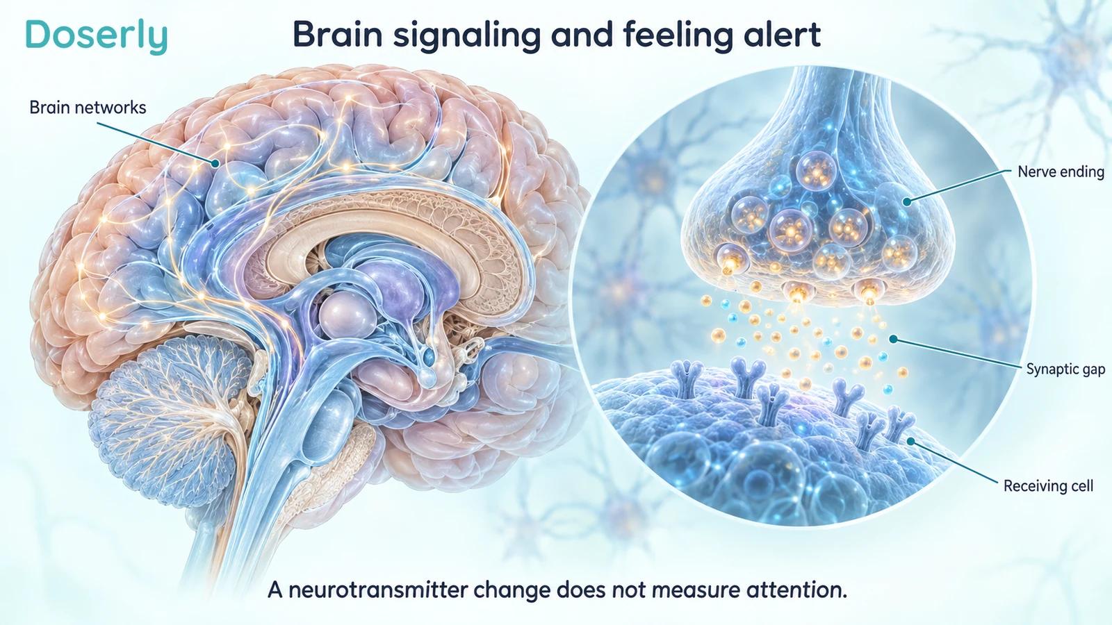 A detailed brain cutaway and magnified nerve junction explain signaling between cells without depicting a drug effect.
