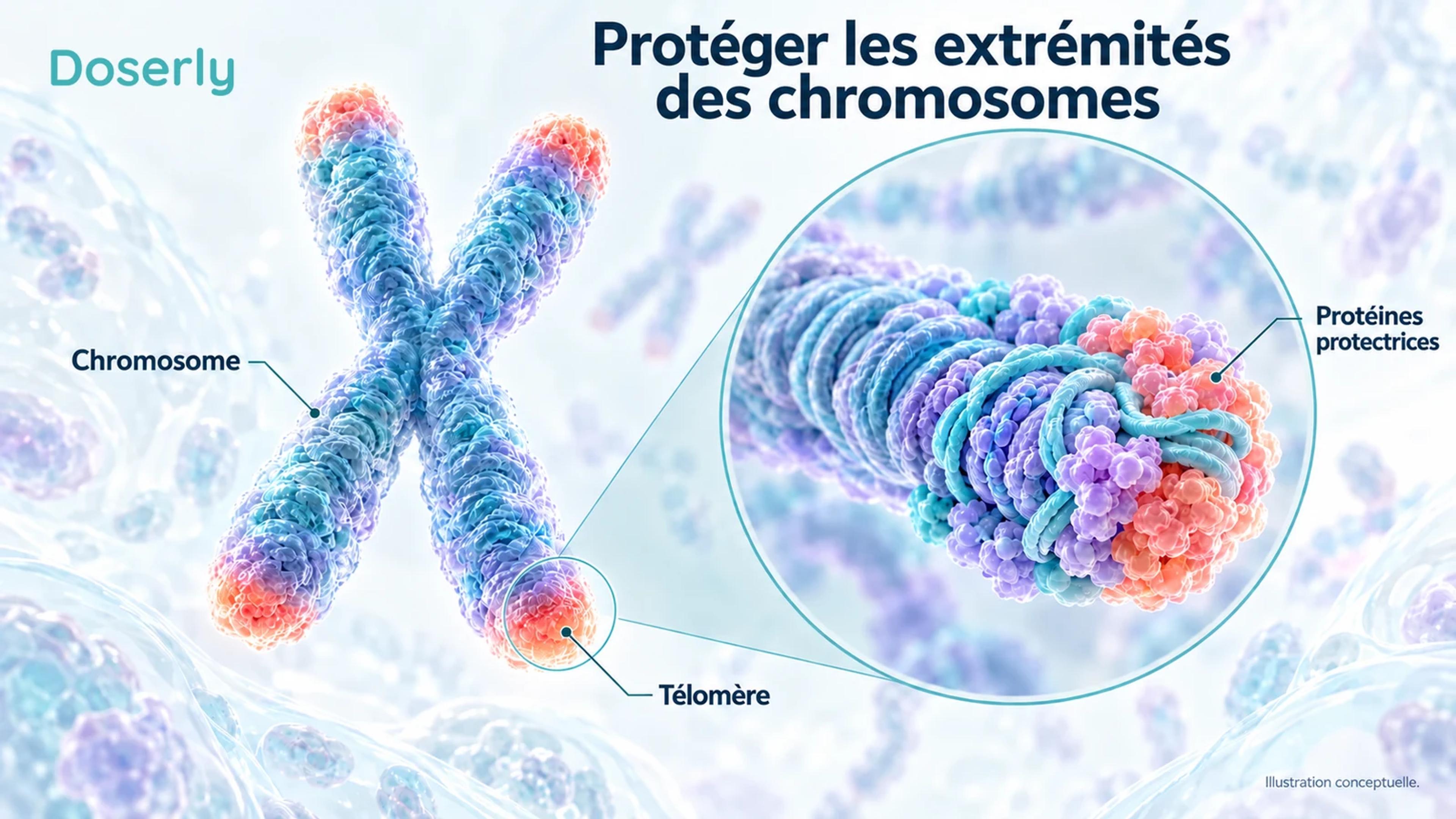 Un chromosome dont les régions terminales sont mises en évidence et une extrémité de chromosome agrandie illustrent les télomères.
