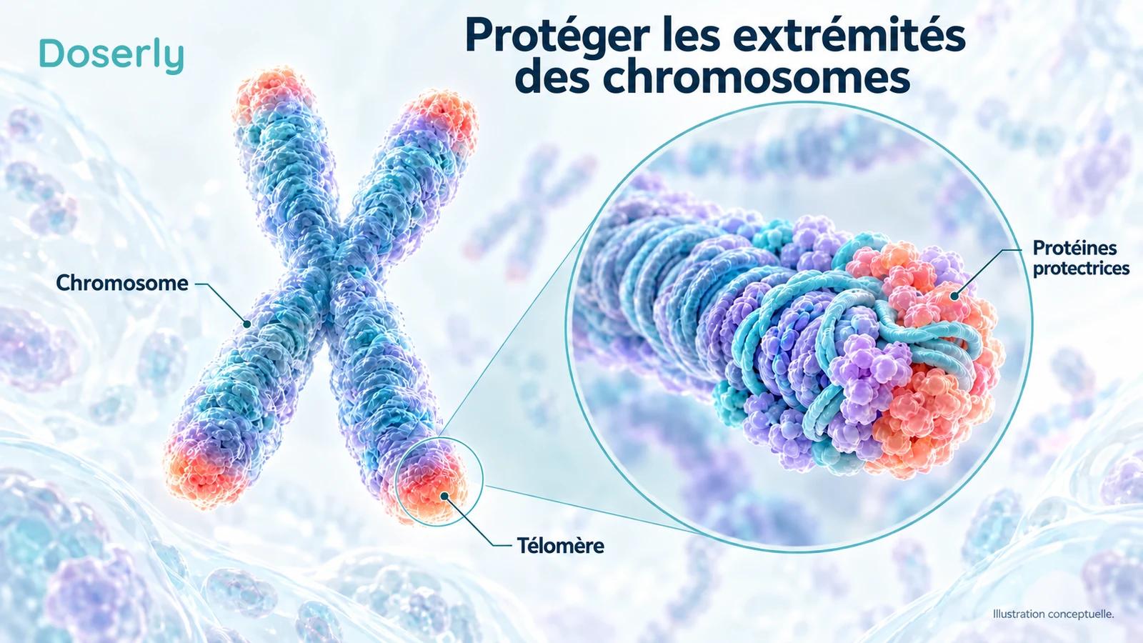Un chromosome dont les régions terminales sont mises en évidence et une extrémité de chromosome agrandie illustrent les télomères.