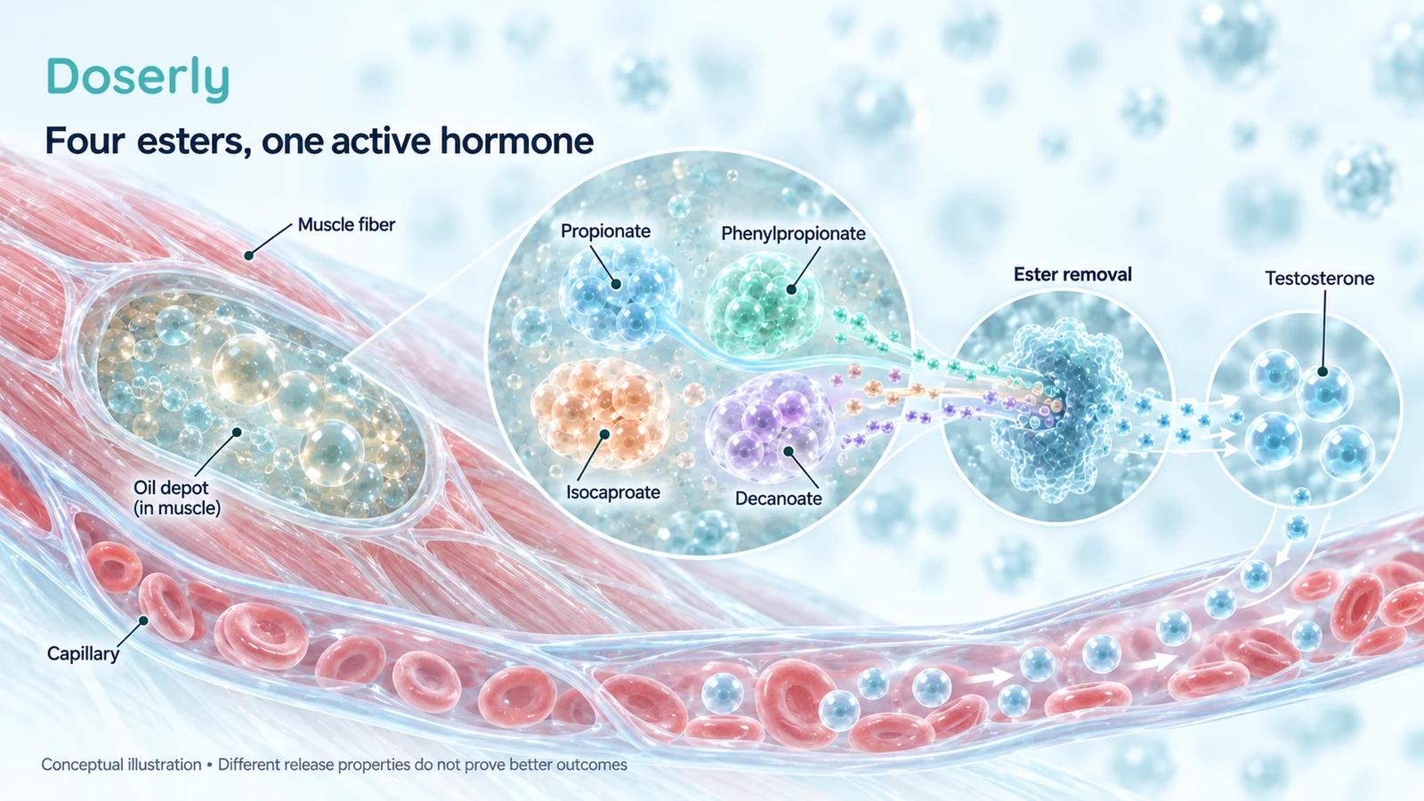 Four symbolic testosterone esters within a muscle depot converge on the same testosterone hormone after ester removal.