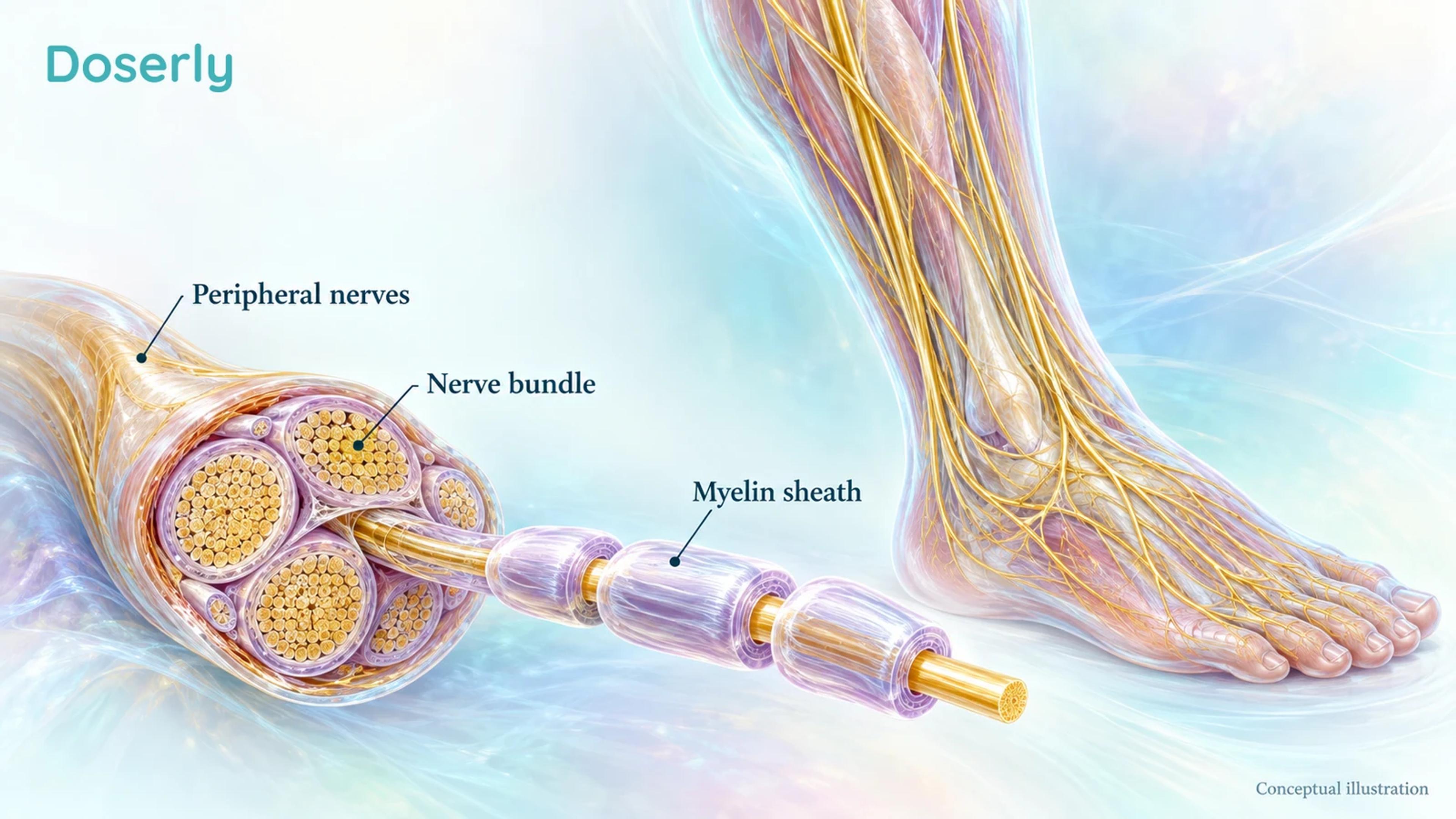 A translucent lower leg and foot show peripheral nerve branches beside an enlarged nerve bundle and myelin sheath.