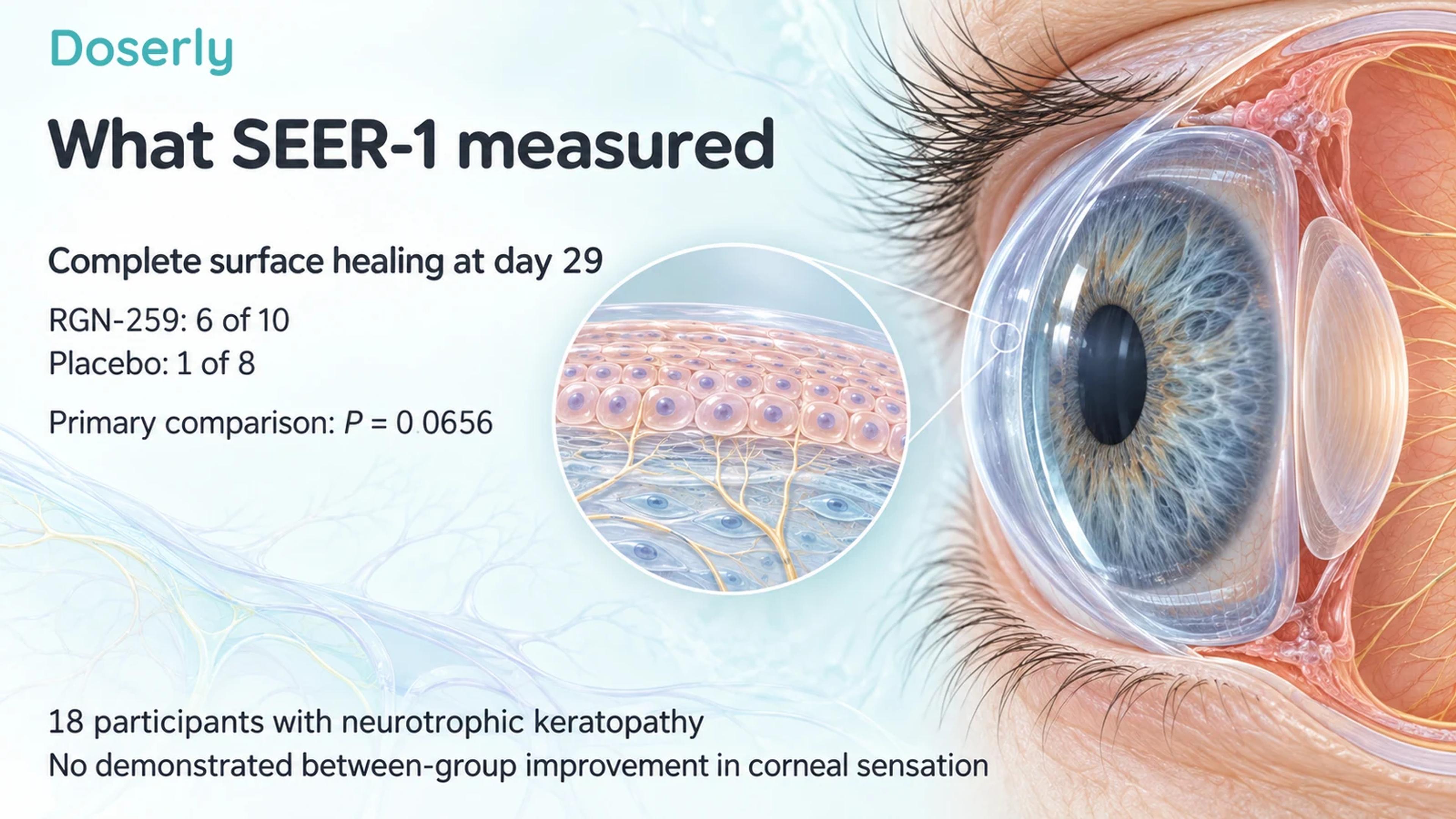 Detailed eye illustration accompanies the SEER-1 day-29 closure counts and the nonsignificant primary comparison.