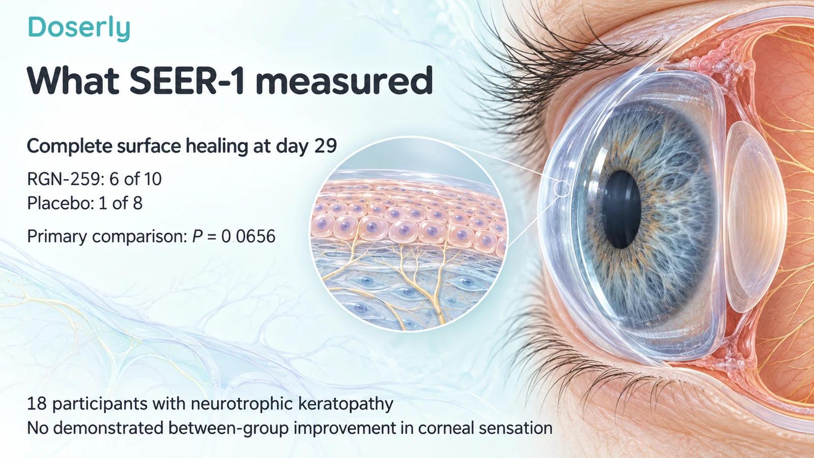 Detailed eye illustration accompanies the SEER-1 day-29 closure counts and the nonsignificant primary comparison.