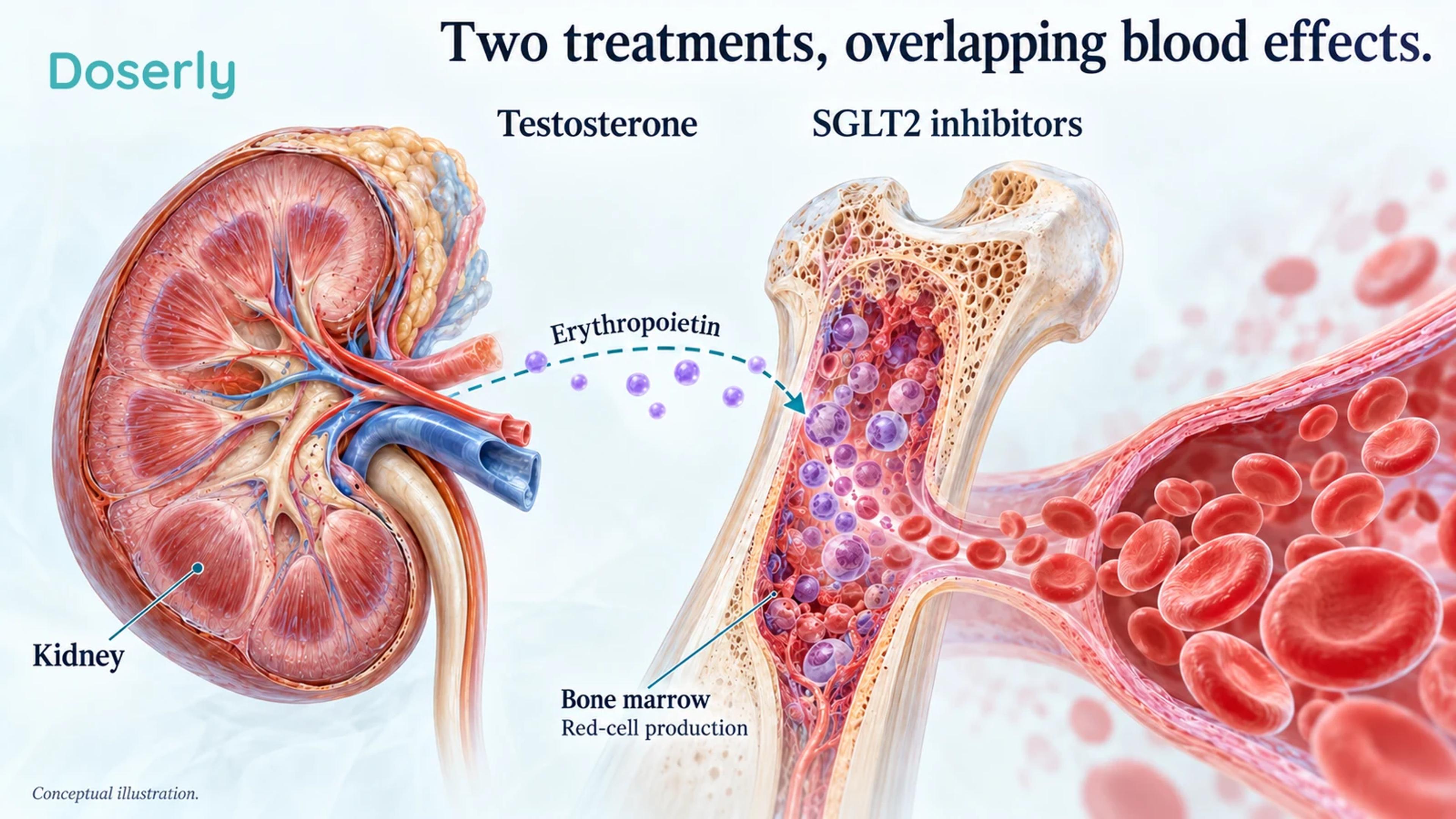 A kidney, marrow cutaway and circulating red cells show physiological systems involved in the response to testosterone and SGLT2 inhibitors.