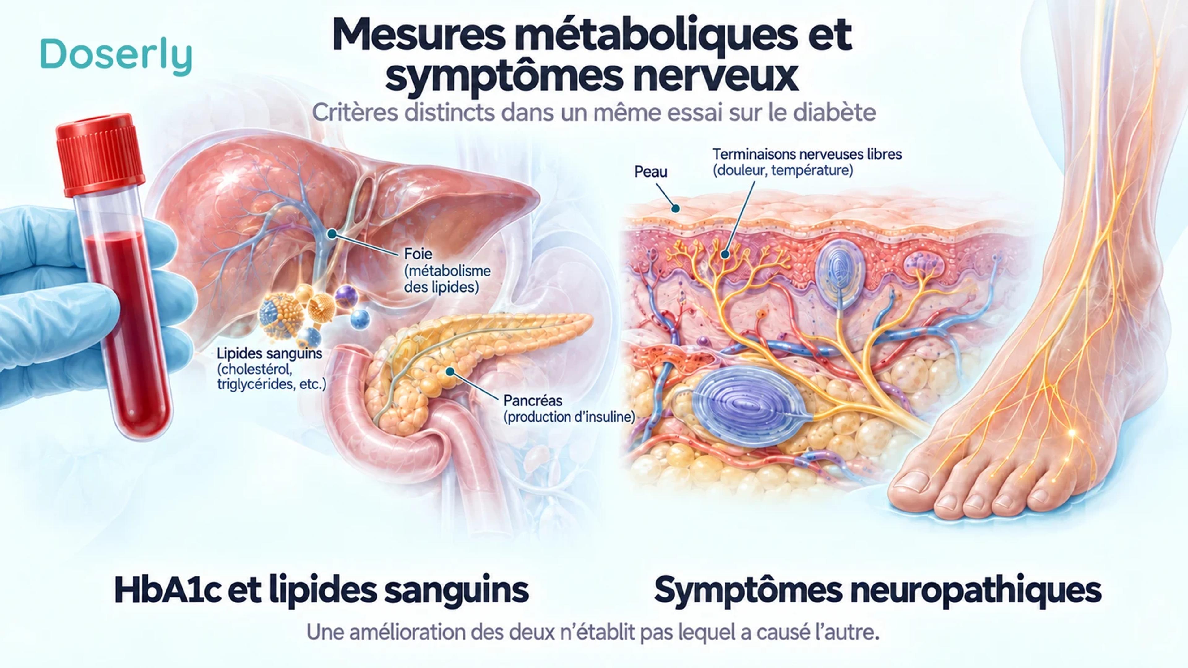 Prélèvement sanguin et anatomie du foie et du pancréas présentés séparément des nerfs de la peau et d’un pied.