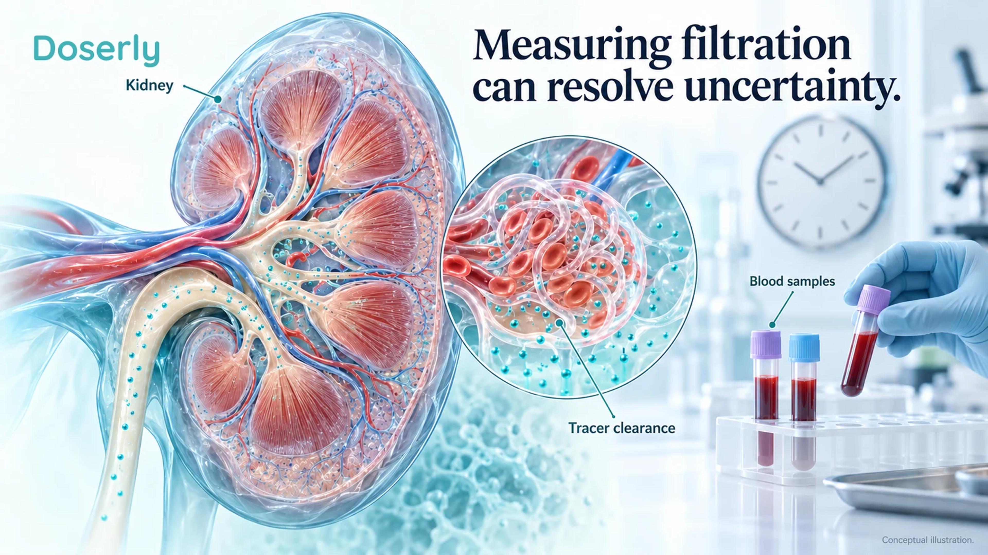 A kidney and blood-sampling scene illustrate a supervised measured filtration assessment.