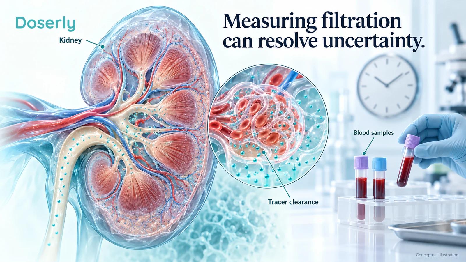 A kidney and blood-sampling scene illustrate a supervised measured filtration assessment.