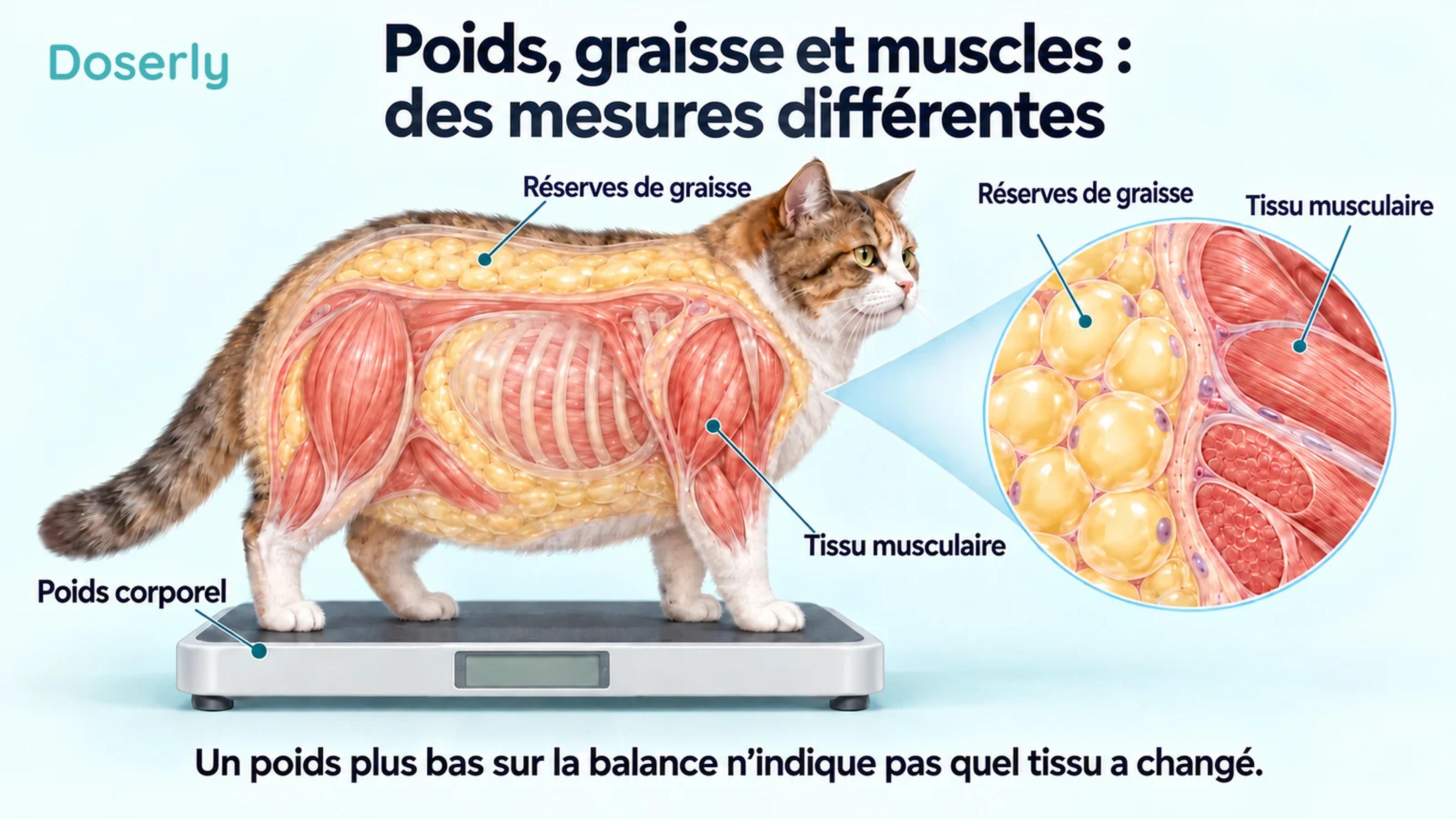 Un chat sur une balance, avec des couches translucides de graisse et de muscle et un encadré montrant les tissus agrandis.