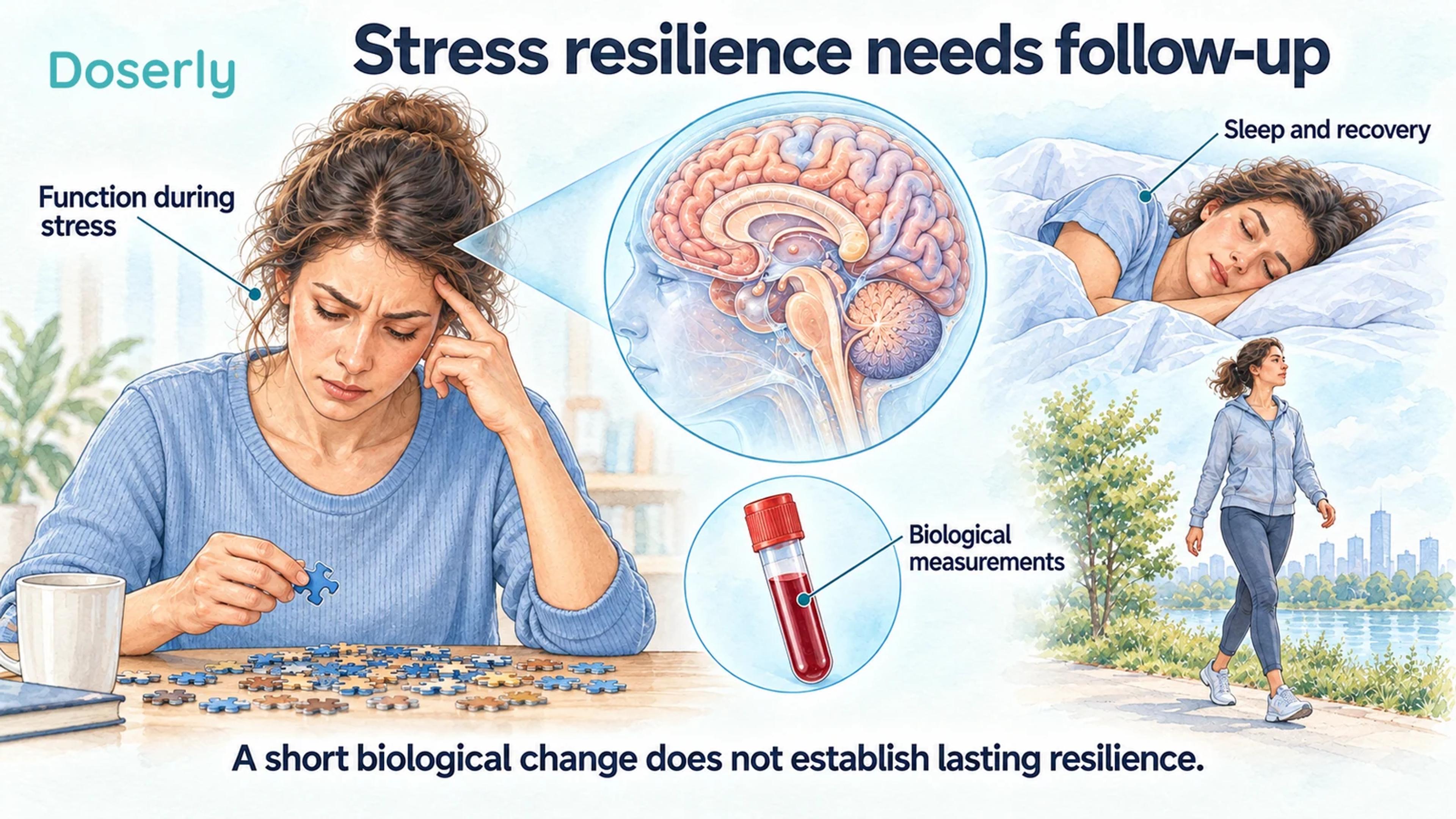 Illustrated task performance, sleep, walking, brain anatomy and a blood sample show separate stress-related outcomes.