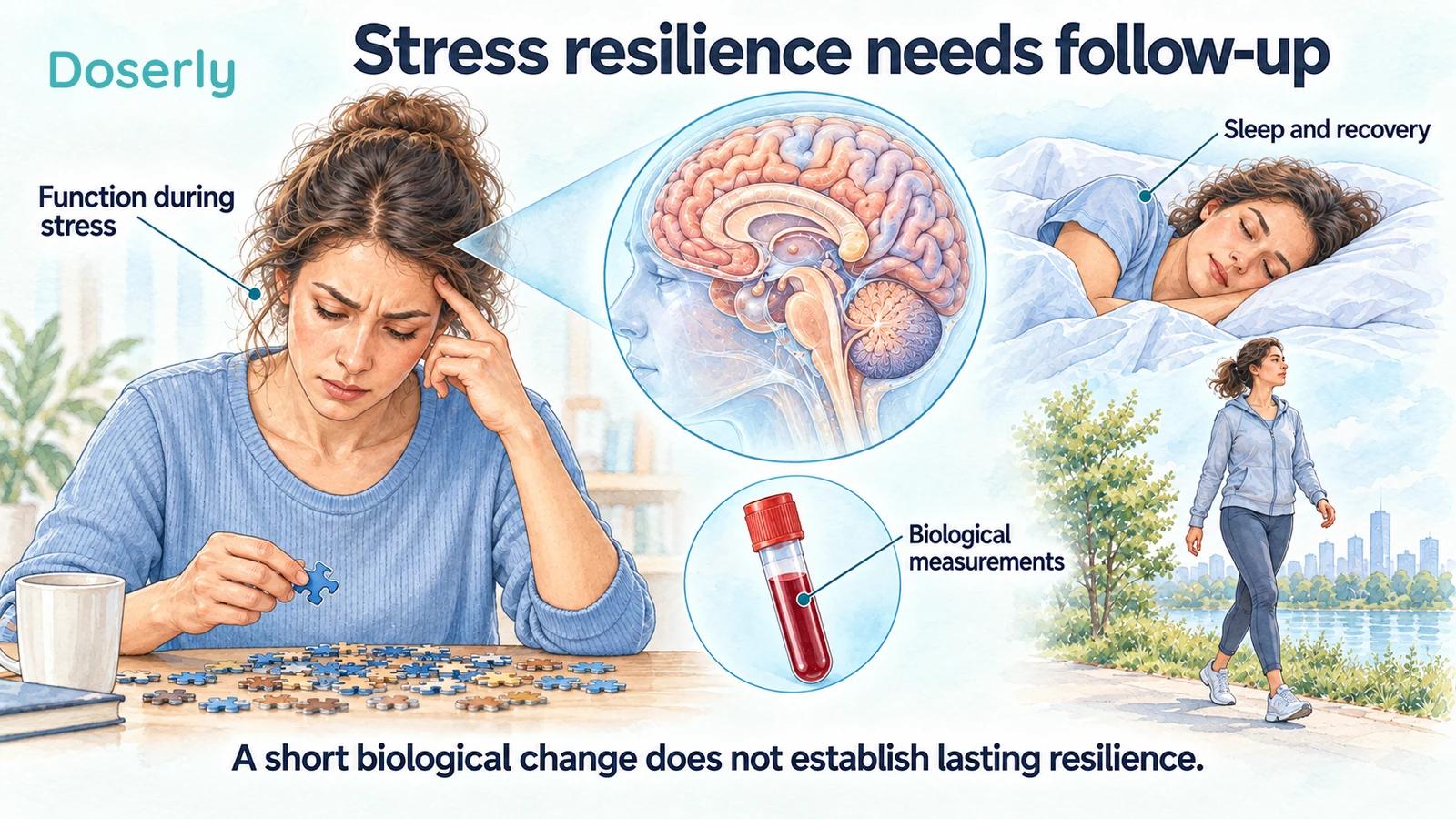 Illustrated task performance, sleep, walking, brain anatomy and a blood sample show separate stress-related outcomes.