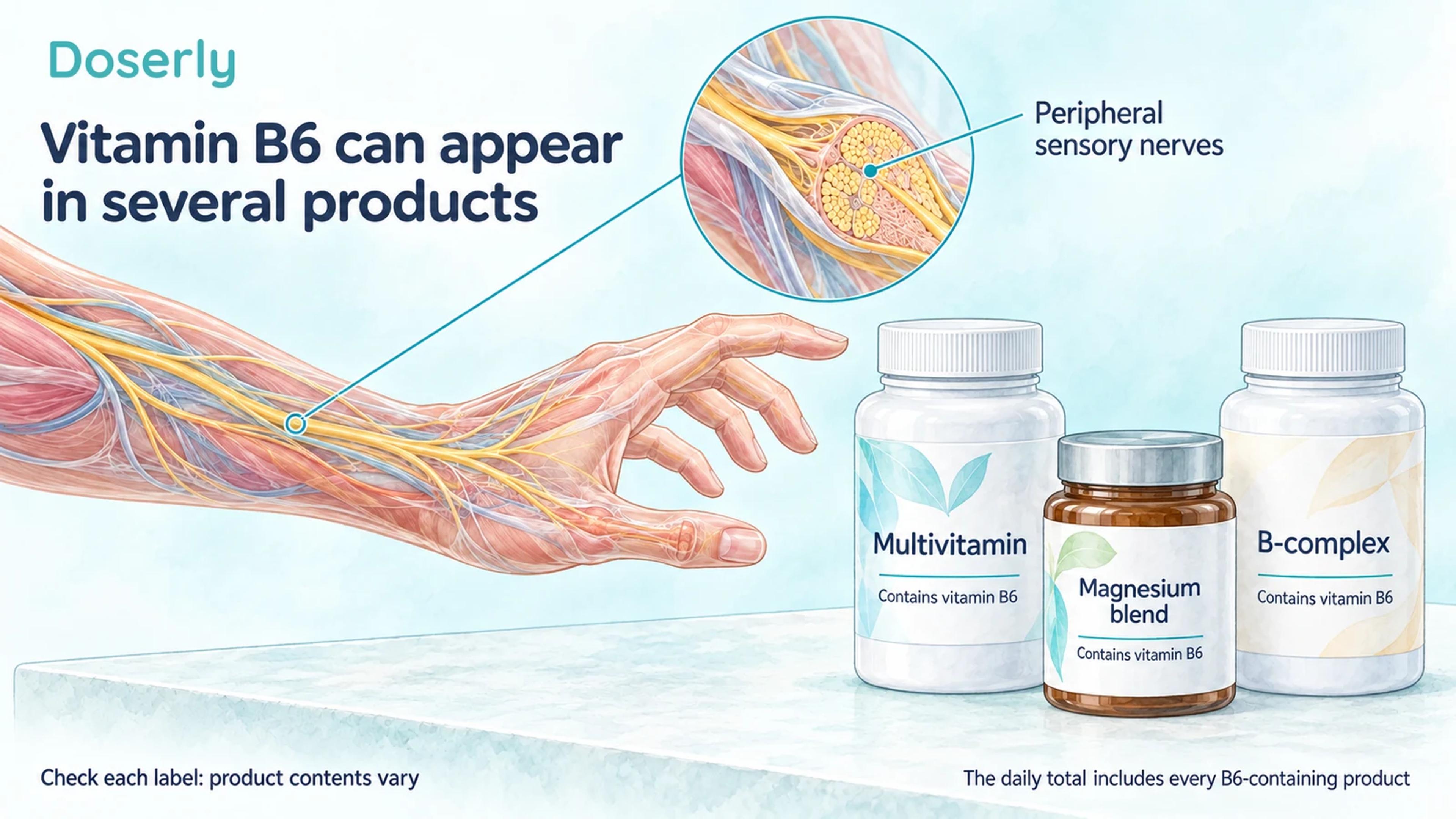 Illustrated forearm nerves beside example multivitamin, magnesium-blend and B-complex containers labeled as containing B6.