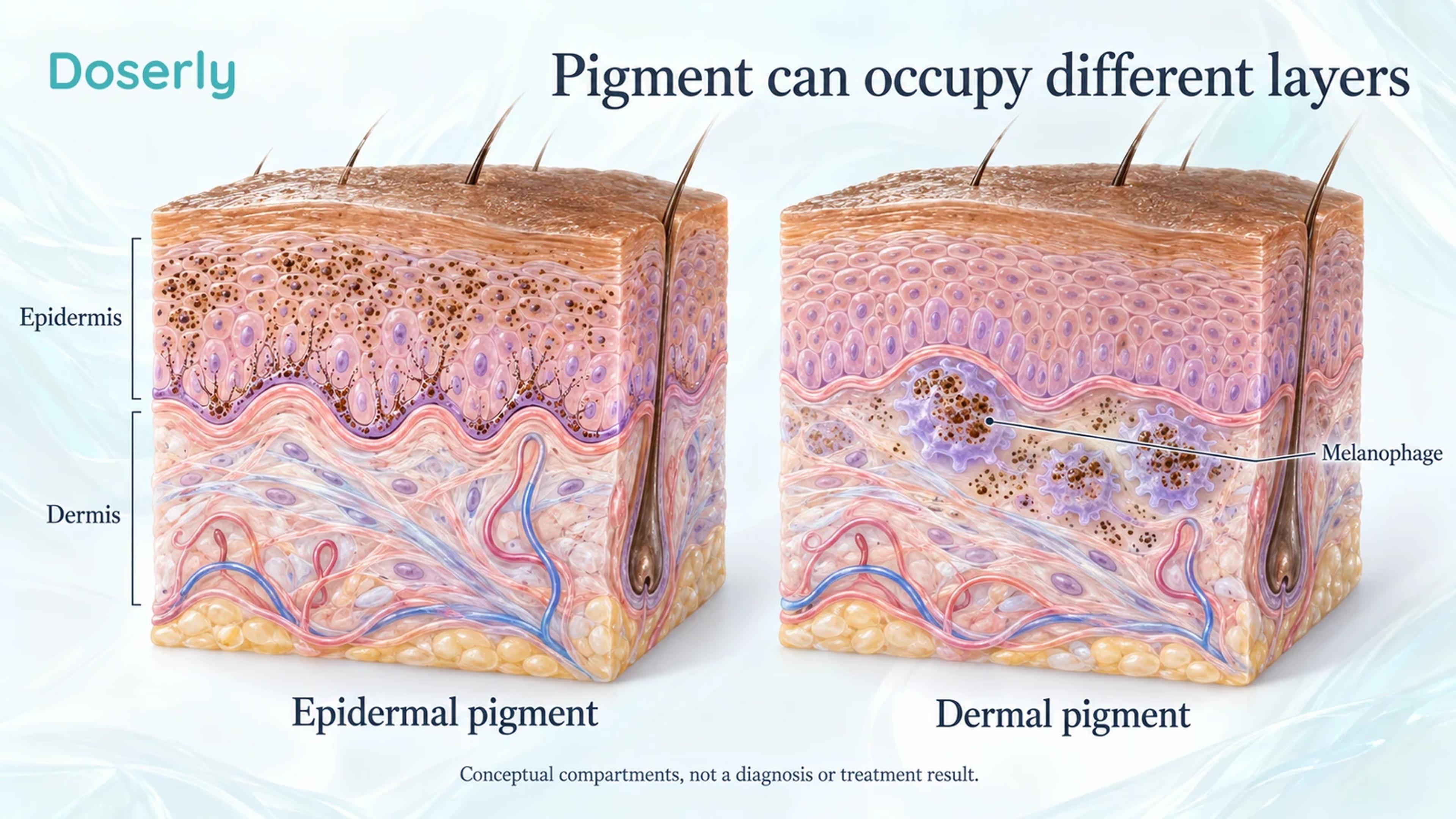 Two skin cutaways distinguish pigment within epidermal cells from pigment-containing melanophages in the dermis.