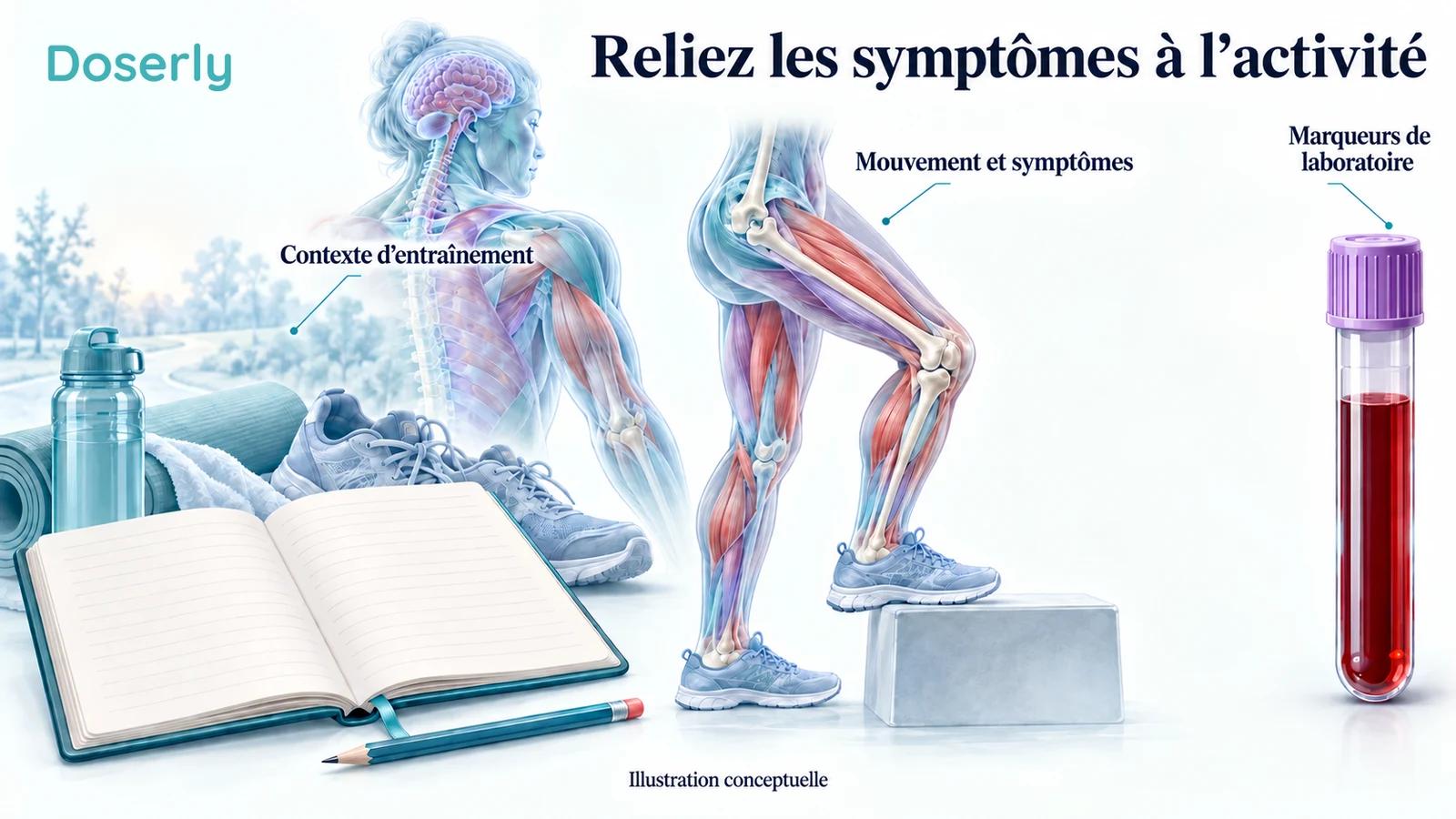 Journal d’entraînement illustré à côté d’une jambe effectuant un mouvement contrôlé et d’un échantillon sanguin distinct, sans résultats chiffrés.